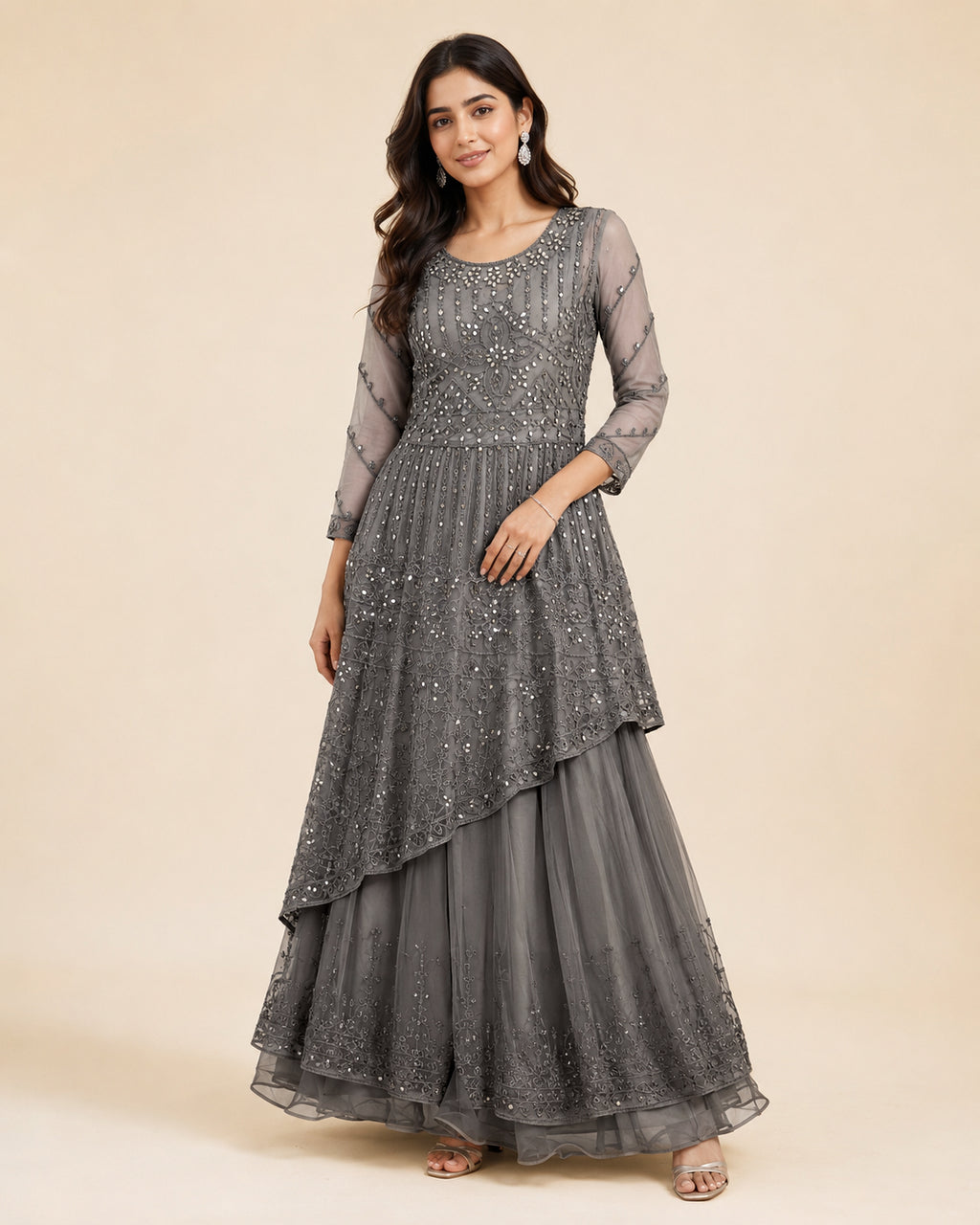 Embroidered Asymmetric Kurta & Flared Skirt