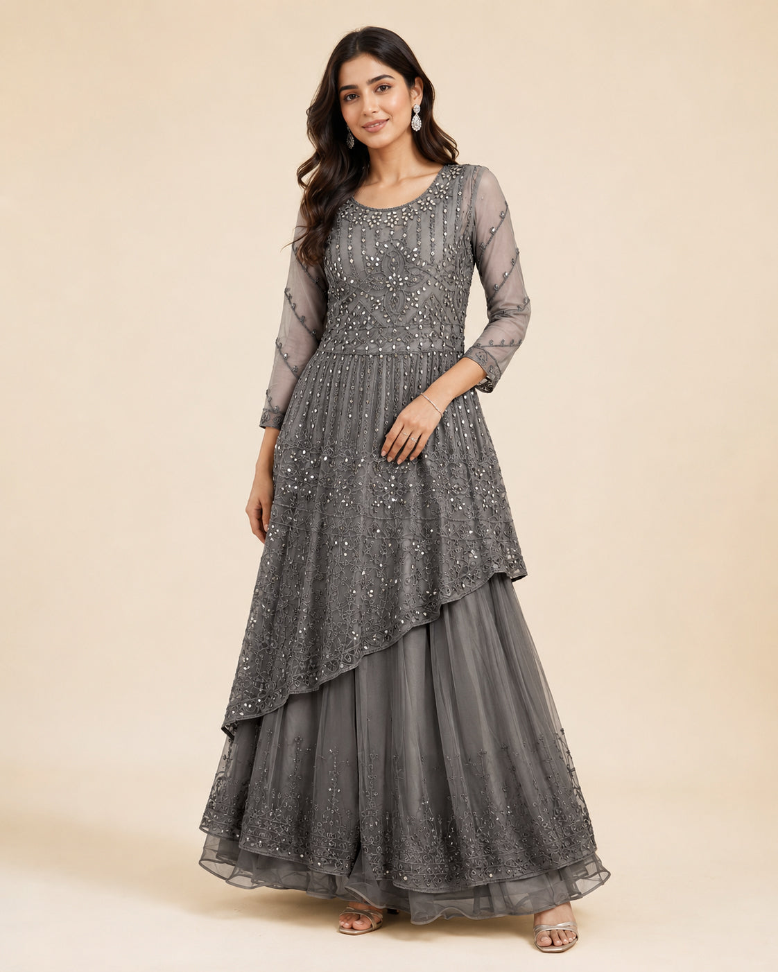 Embroidered Asymmetric Kurta & Flared Skirt