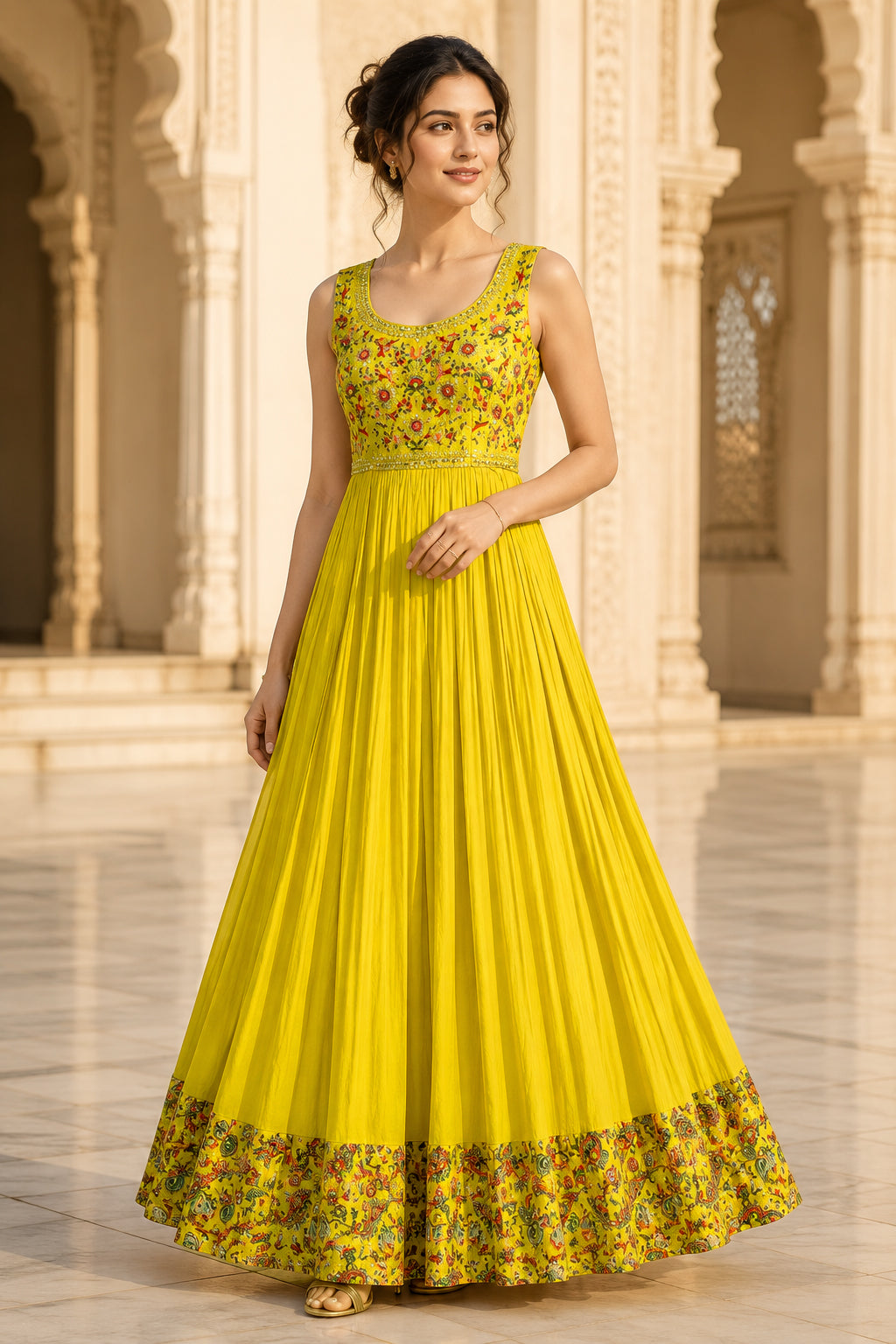 Lime Yellow Embroidered Anarkali Gown