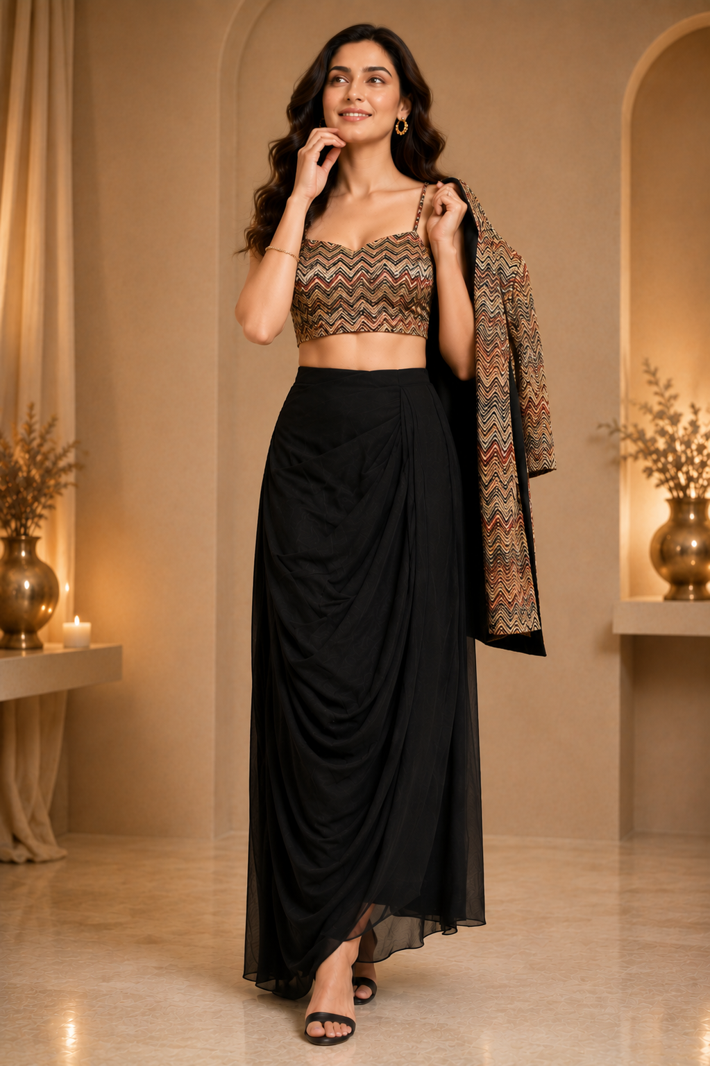 Black Draped Skirt Set with Chevron Crop Top & Jacket