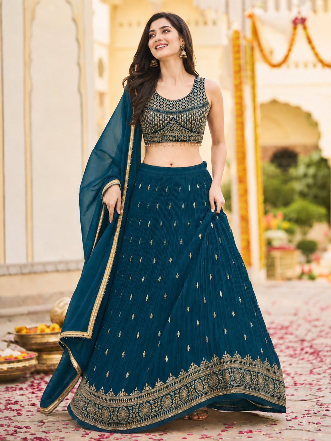 Teal Blue Embroidered Festive Lehenga Choli Set with Dupatta