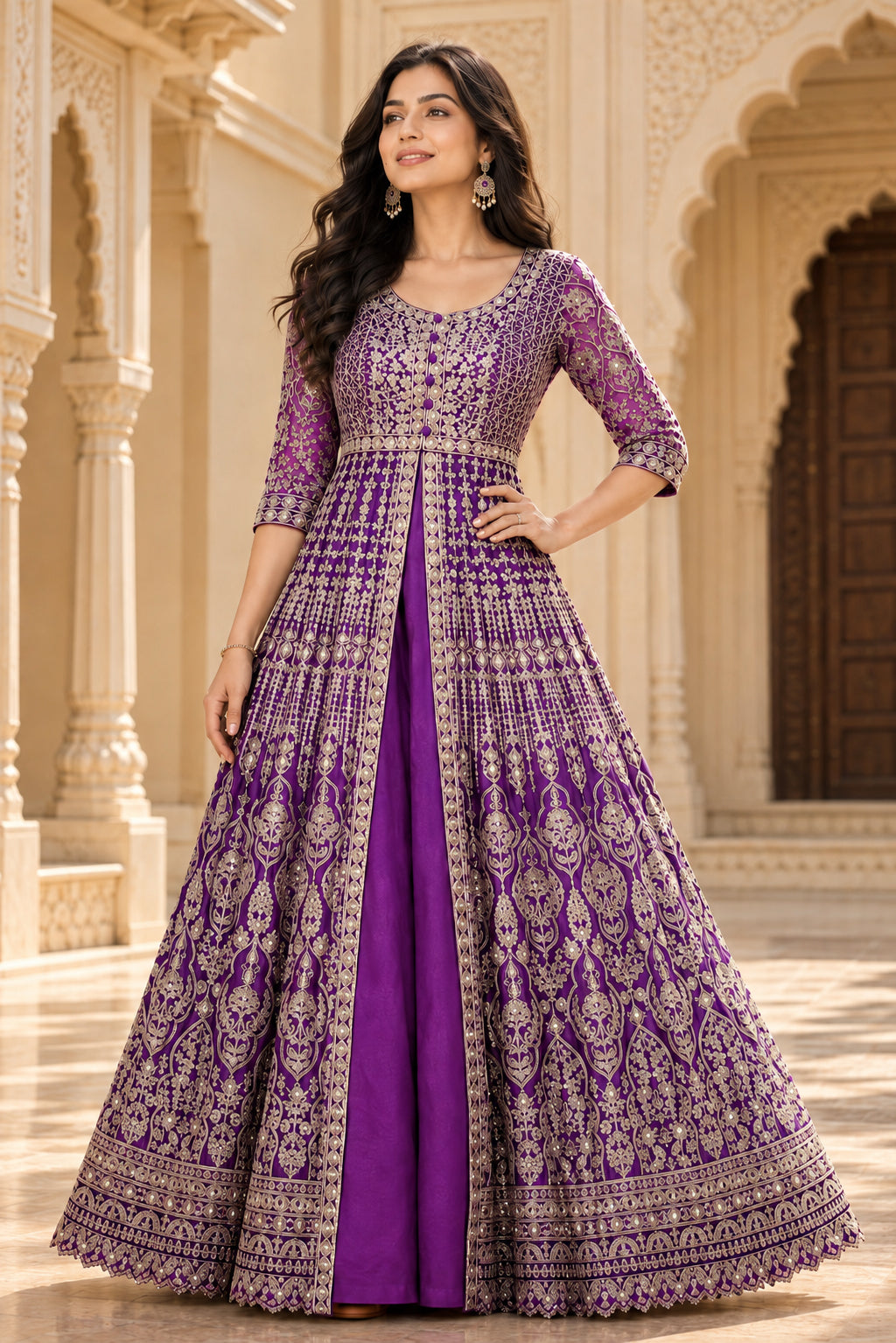 Violet Gold Embroidered Anarkali Set with Dupatta