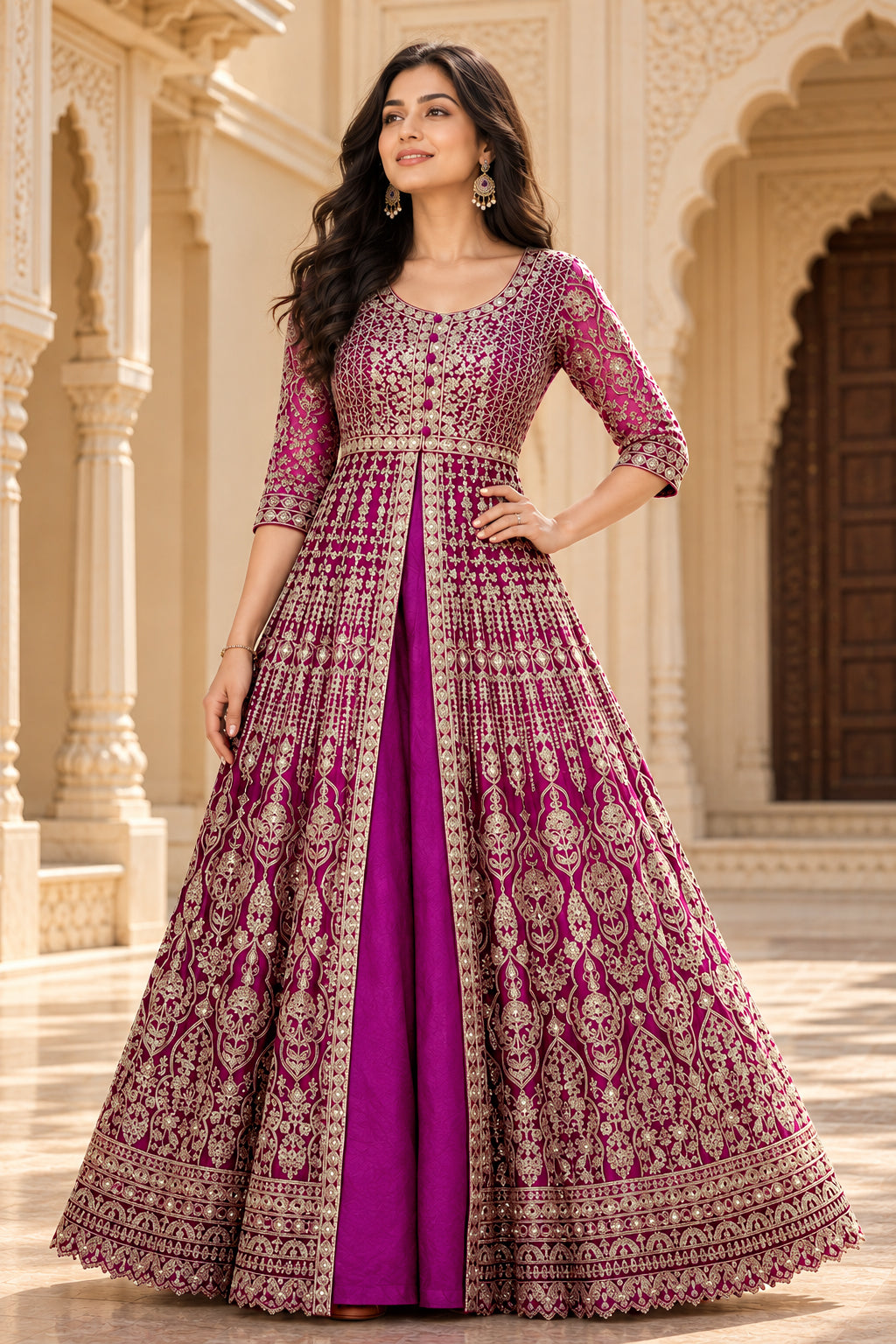 Magenta Gold Embroidered Anarkali Set with Dupatta