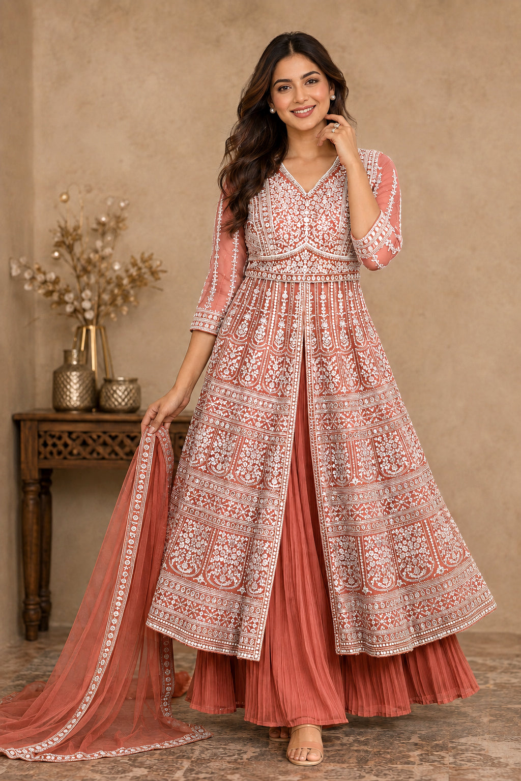 Terracotta Orange Embroidered Anarkali Kurta Set with Pleated Skirt & Organza Dupatta