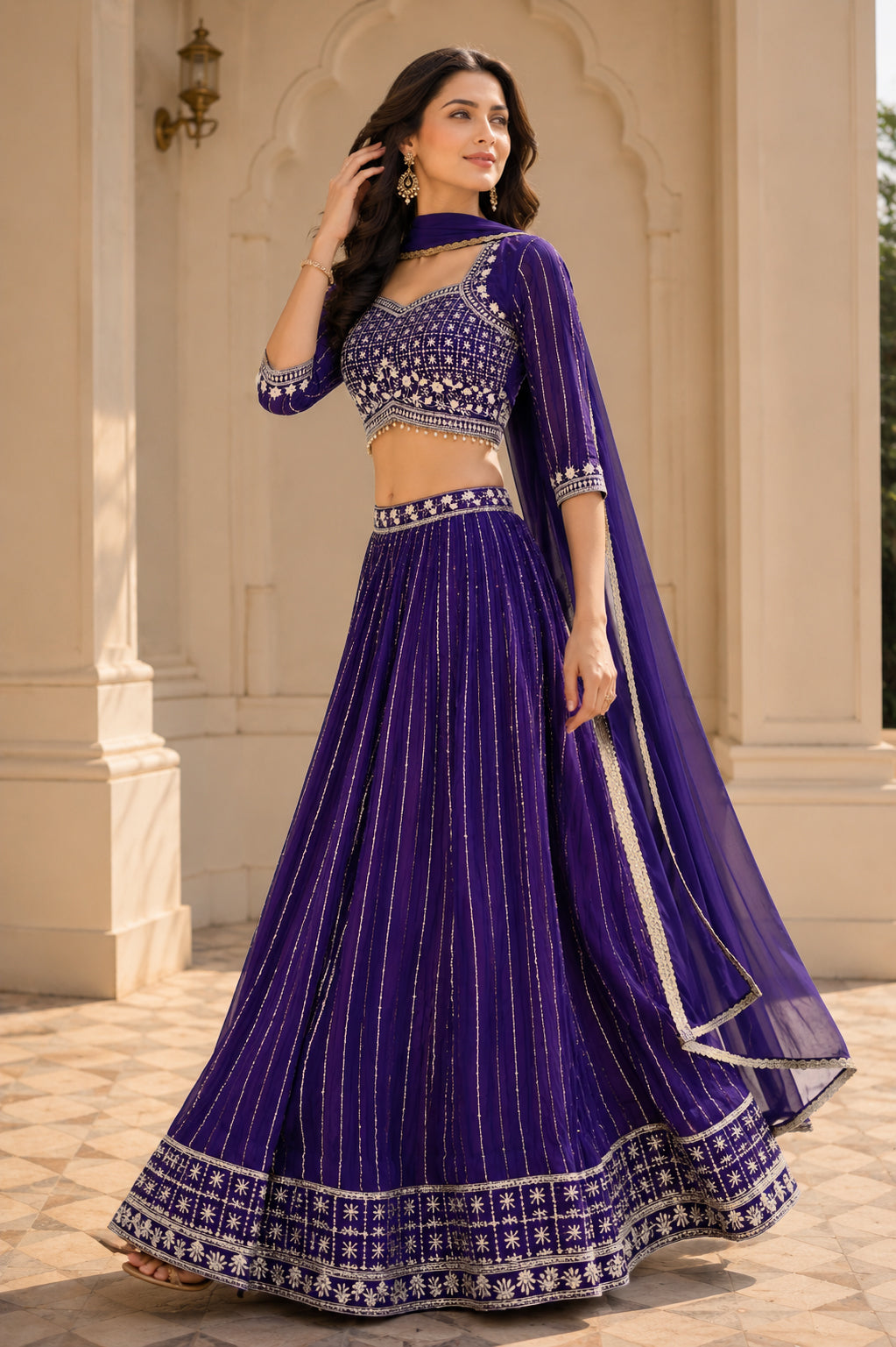 Embroidered Lehenga Choli Set with Dupatta - Violet
