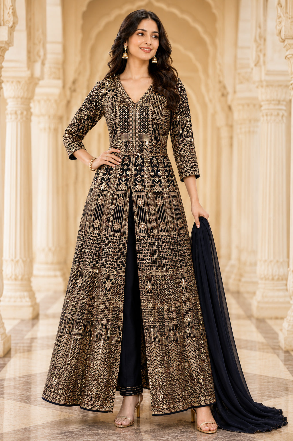 Navy & Antique Gold Embroidered Jacket Kurta Set with Dupatta