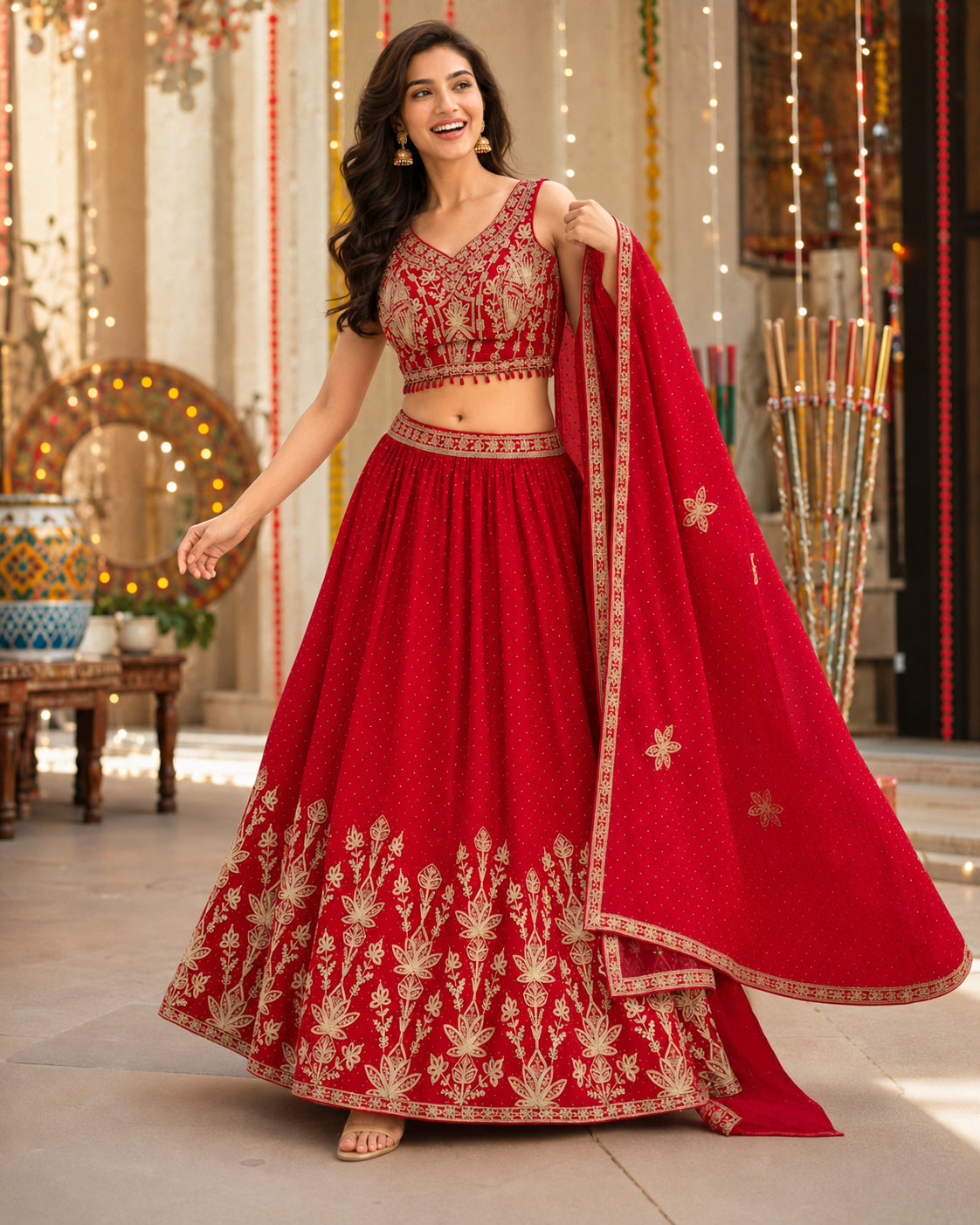 Red Gold Embroidered Lehenga Choli Set with Dupatta