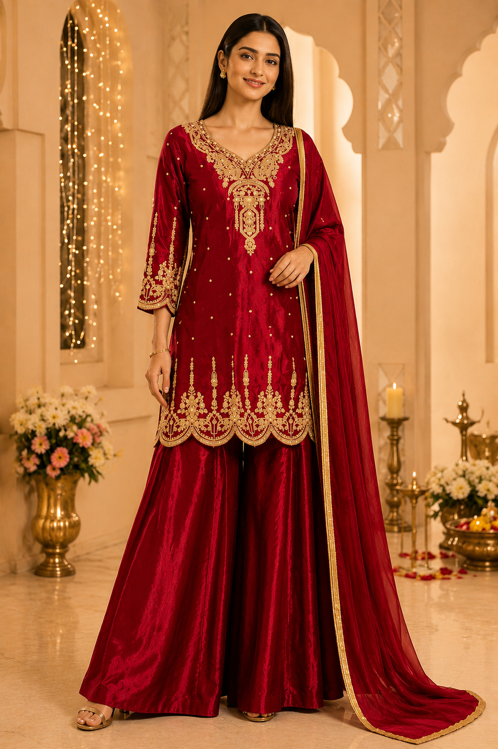 Ruby Red Gold Embroidered Kurta Sharara Set with Dupatta - M