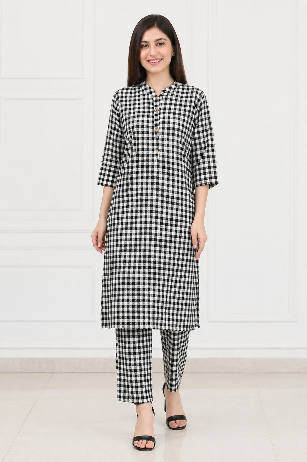 Women's Black & White Checked Kurta Pant Co-Ord Set