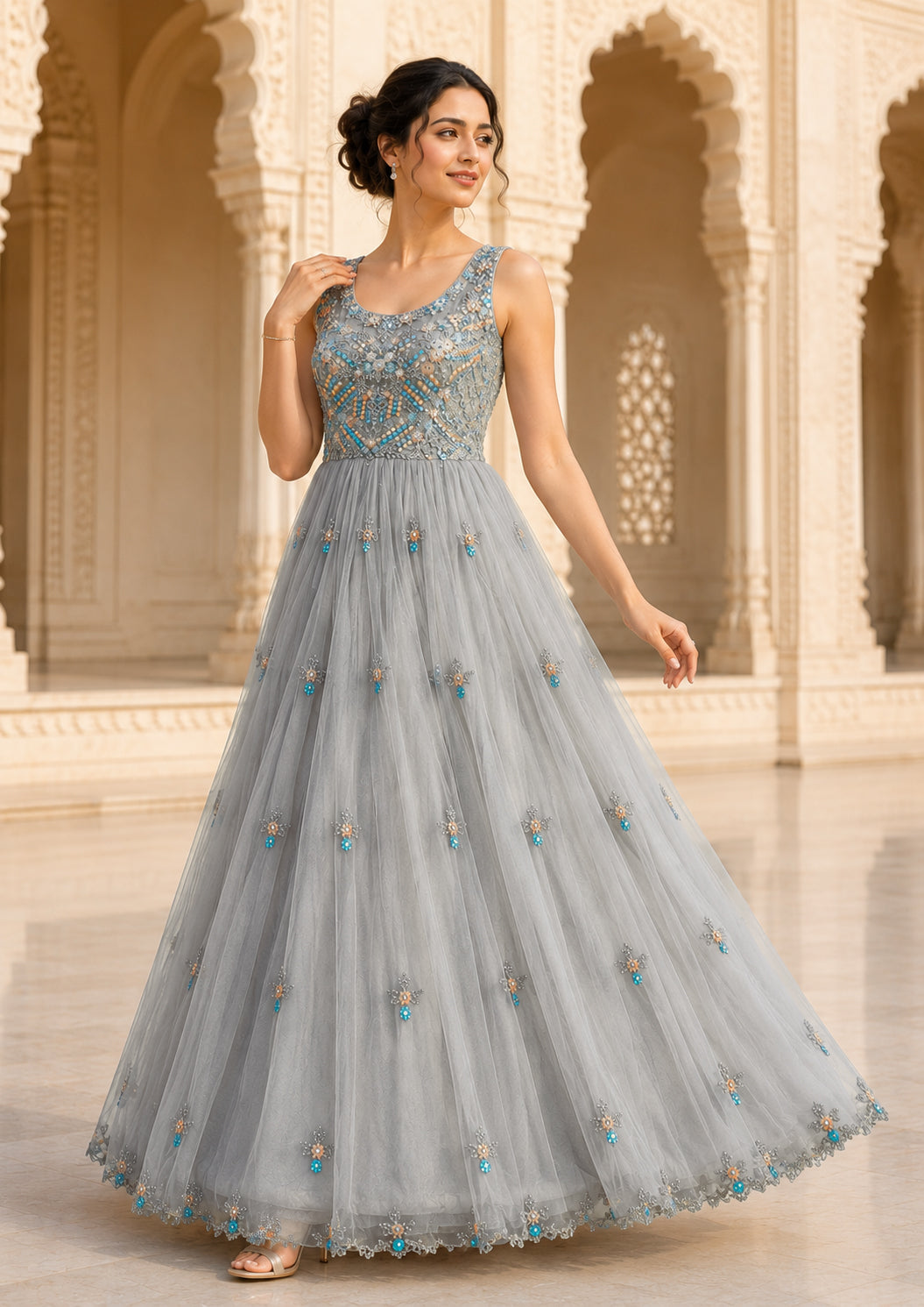 Silver Grey Embellished Net Gown