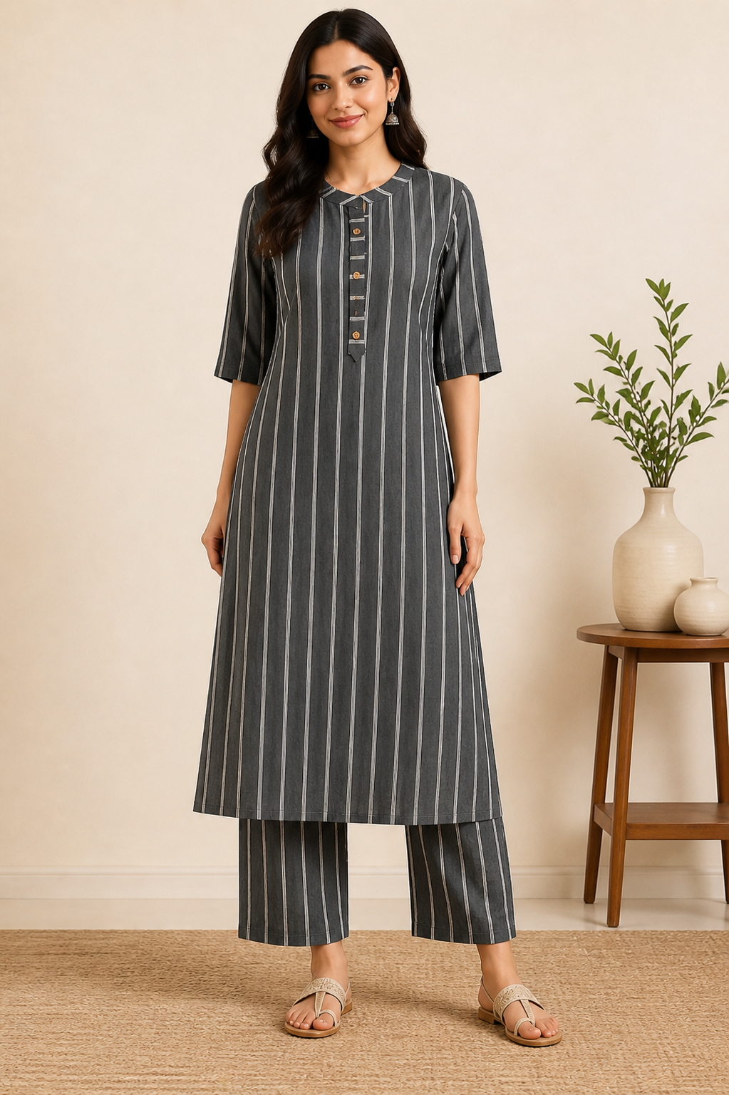 Women's Charcoal Grey Striped Kurta Pant Set