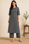 Women's Charcoal Grey Striped Kurta Pant Set