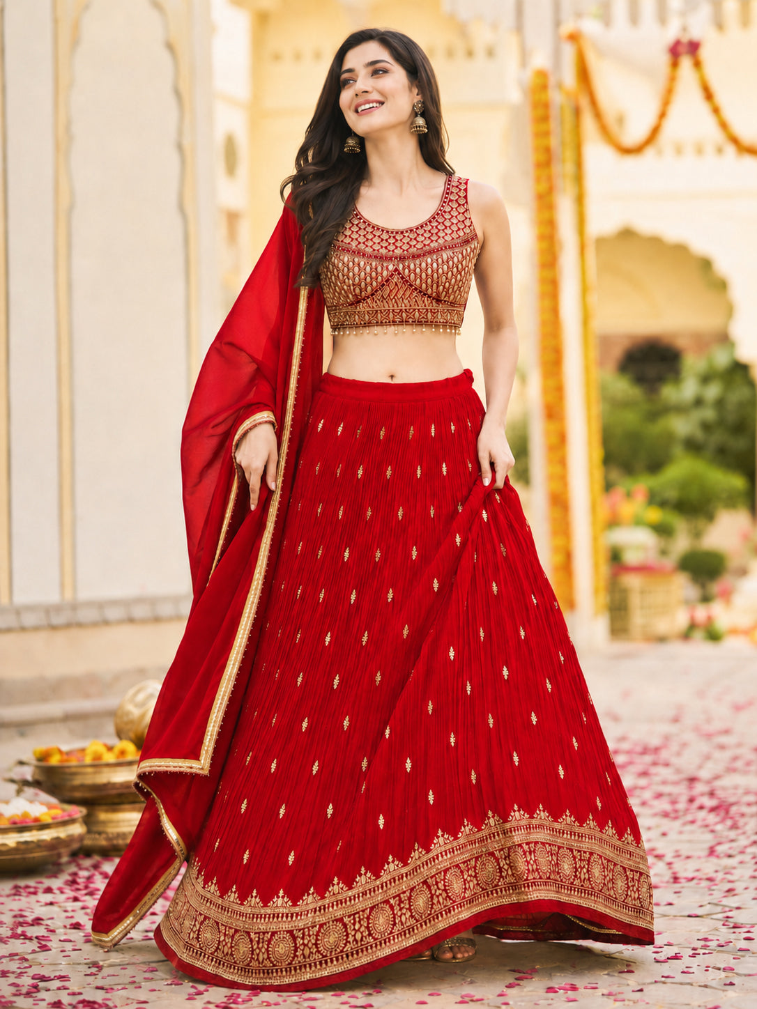 Red & Gold Embroidered Festive Lehenga Choli Set with Dupatta