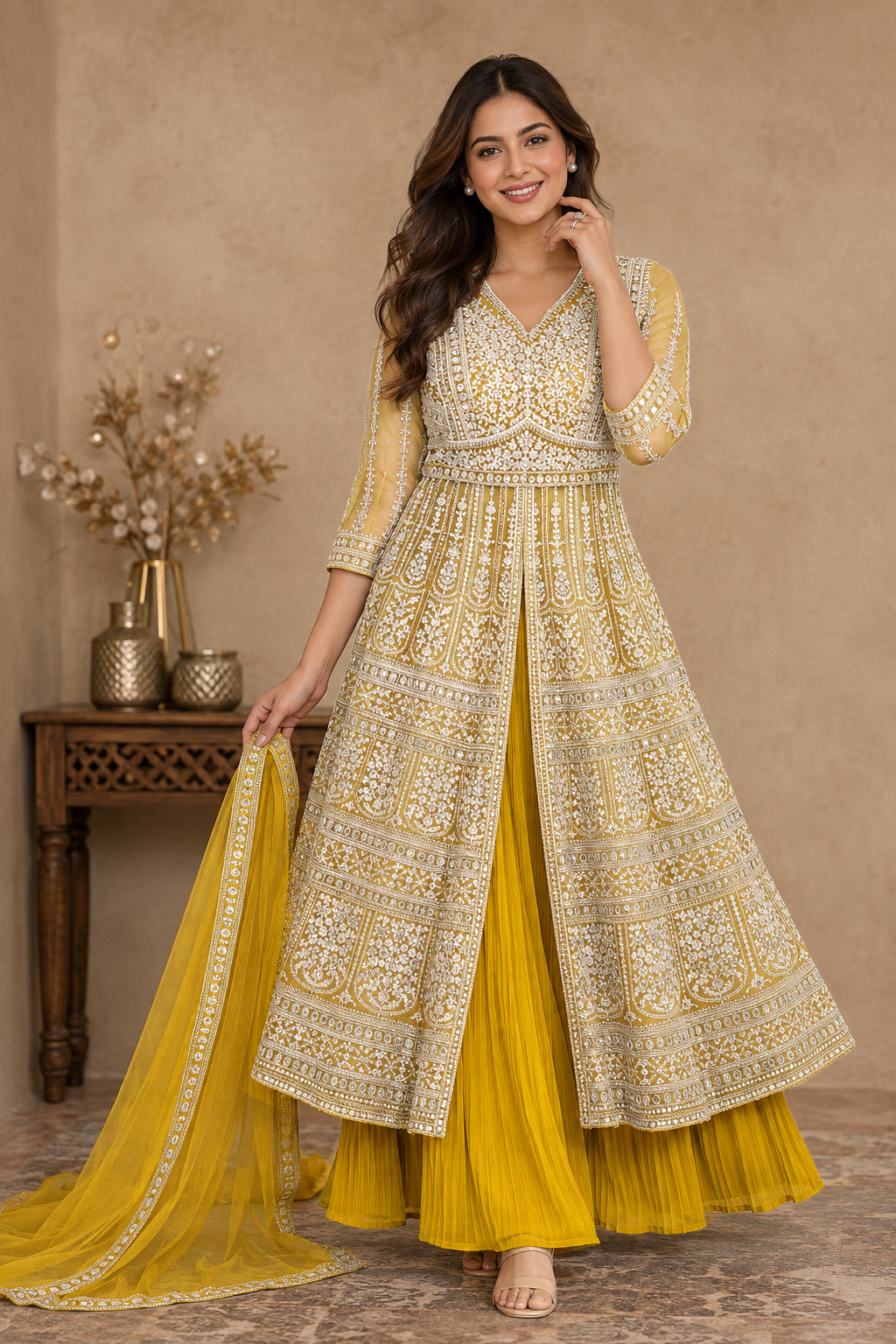 Yellow Embroidered Anarkali Kurta Set with Pleated Skirt & Organza Dupatta