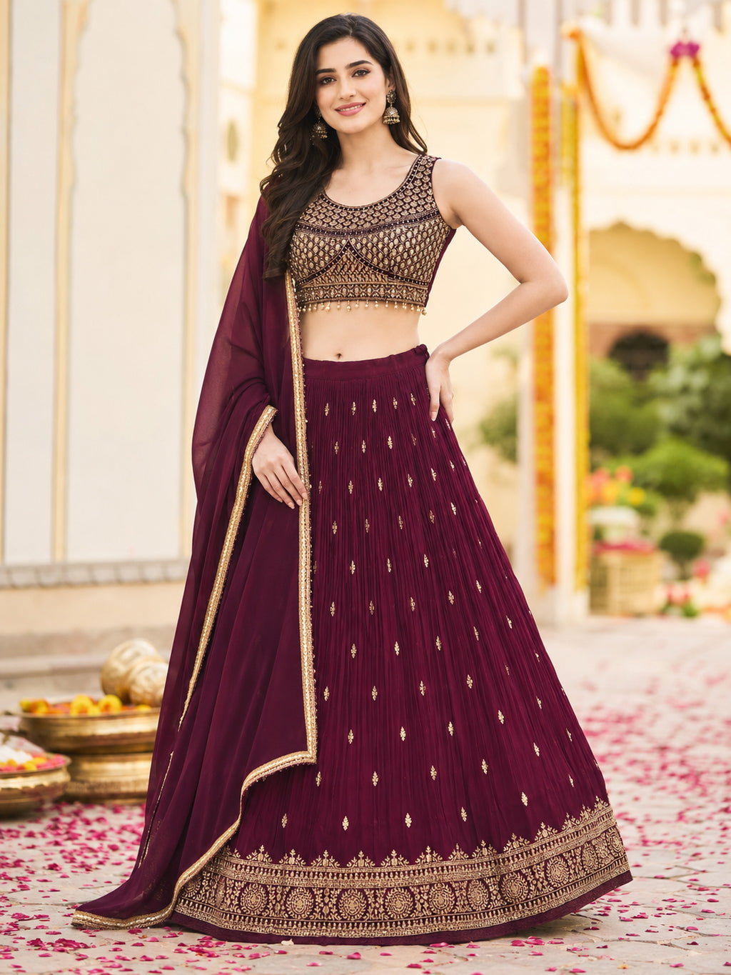 Burgandy Embroidered Festive Lehenga Choli Set with Dupatta