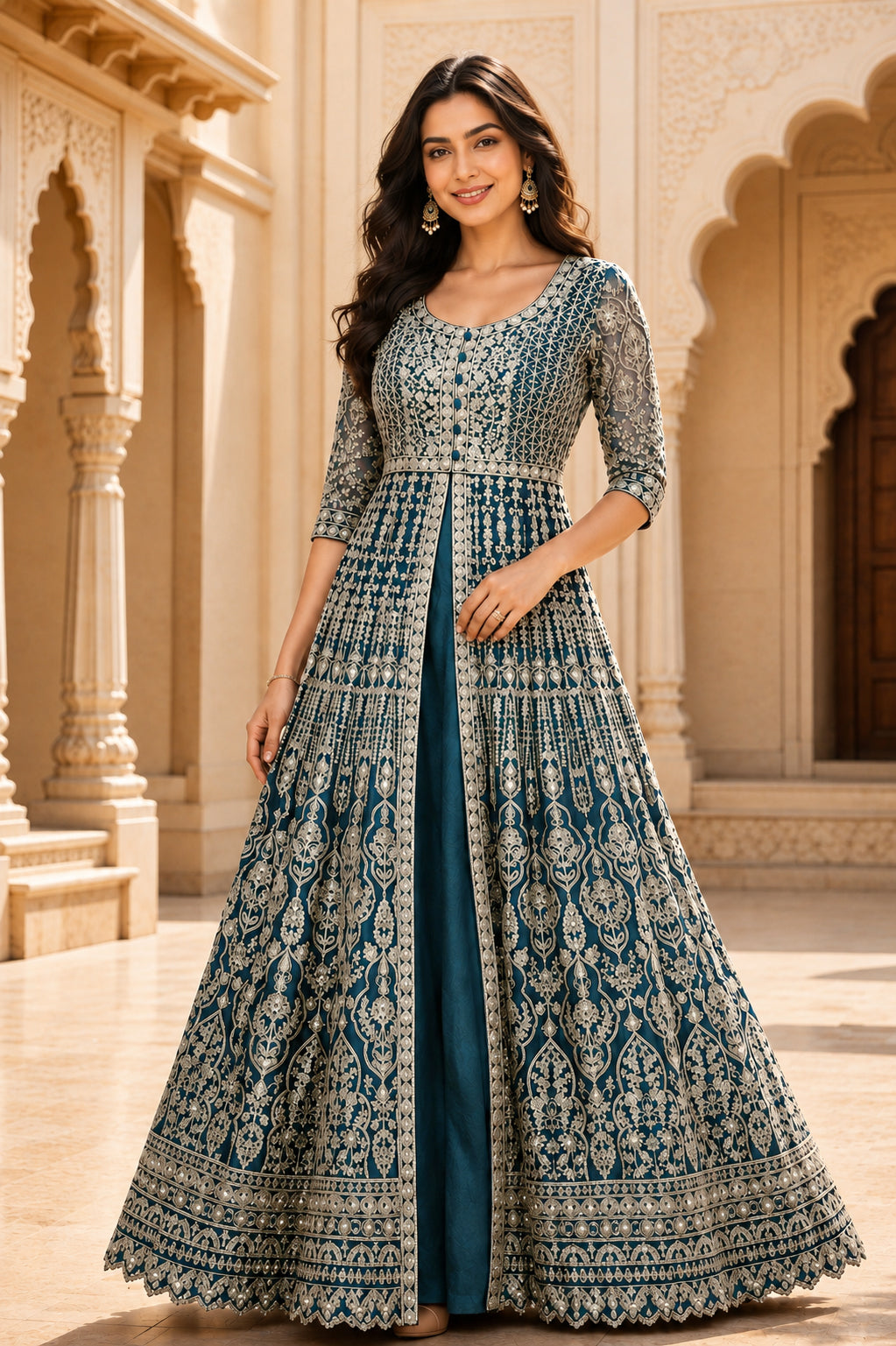 Teal Gold Embroidered Anarkali Set with Dupatta