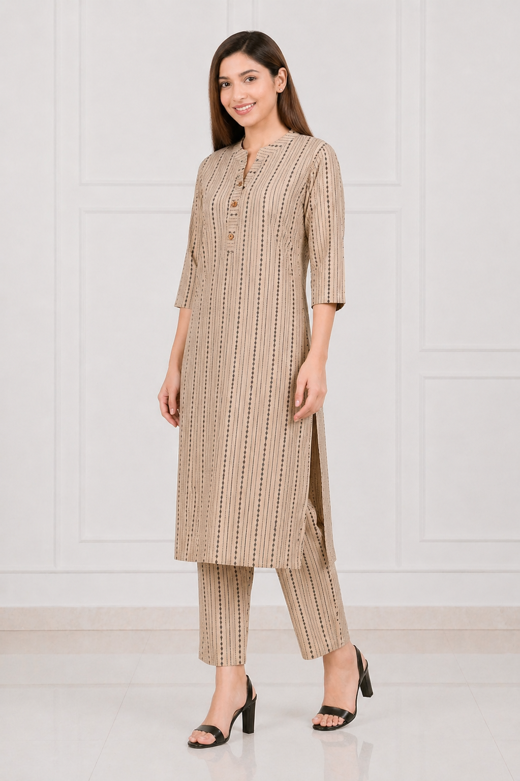 Women's Beige Striped Kurta Pant Set
