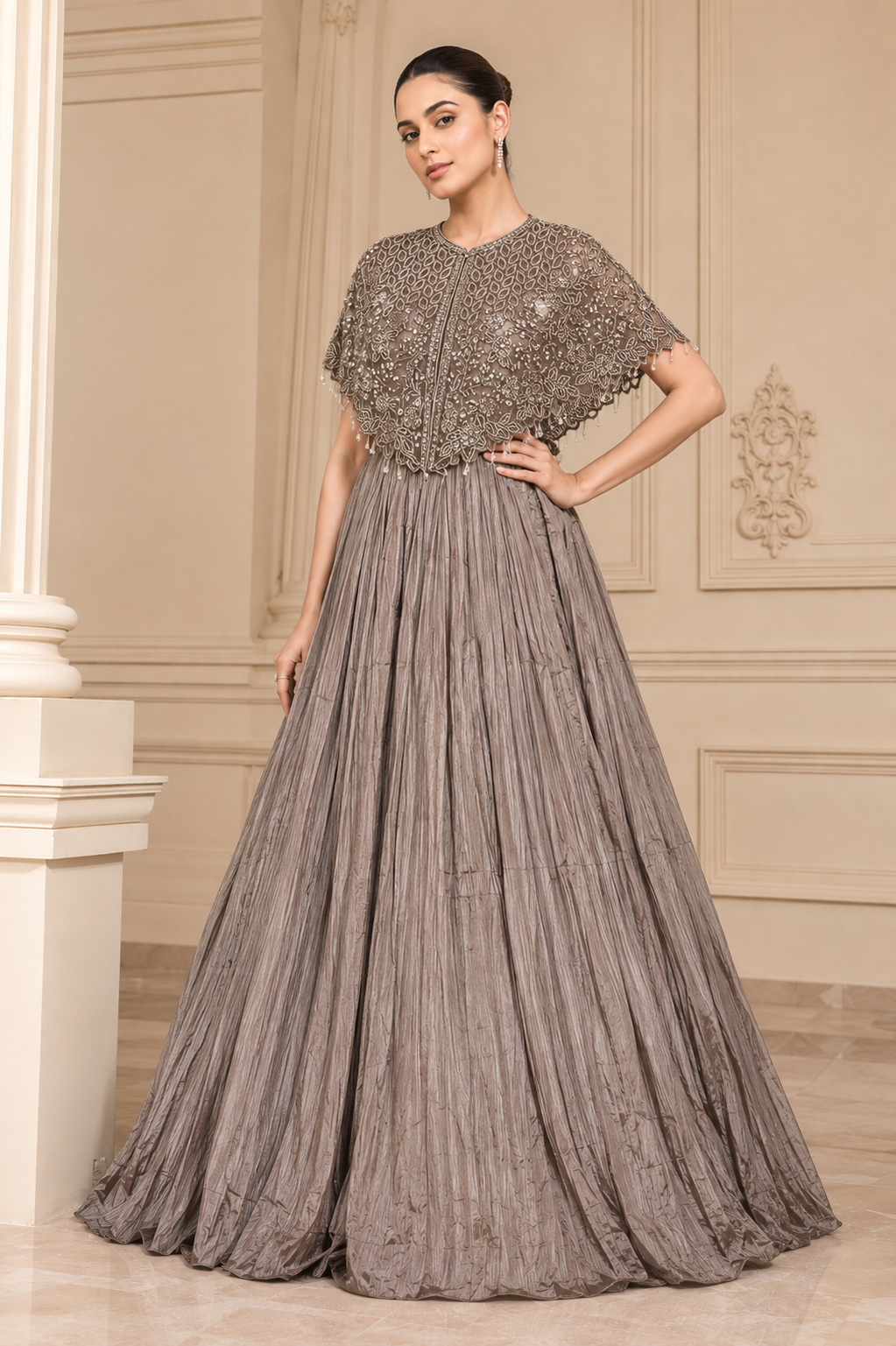 Taupe Grey Embellished Cape Style Party Gown