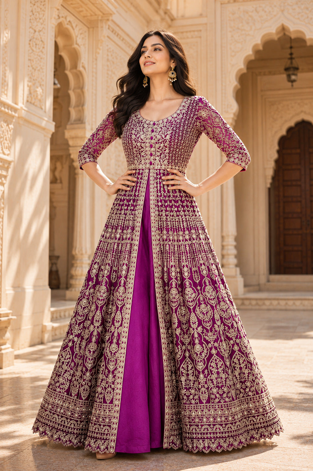 Magenta Gold Embroidered Anarkali Set with Dupatta