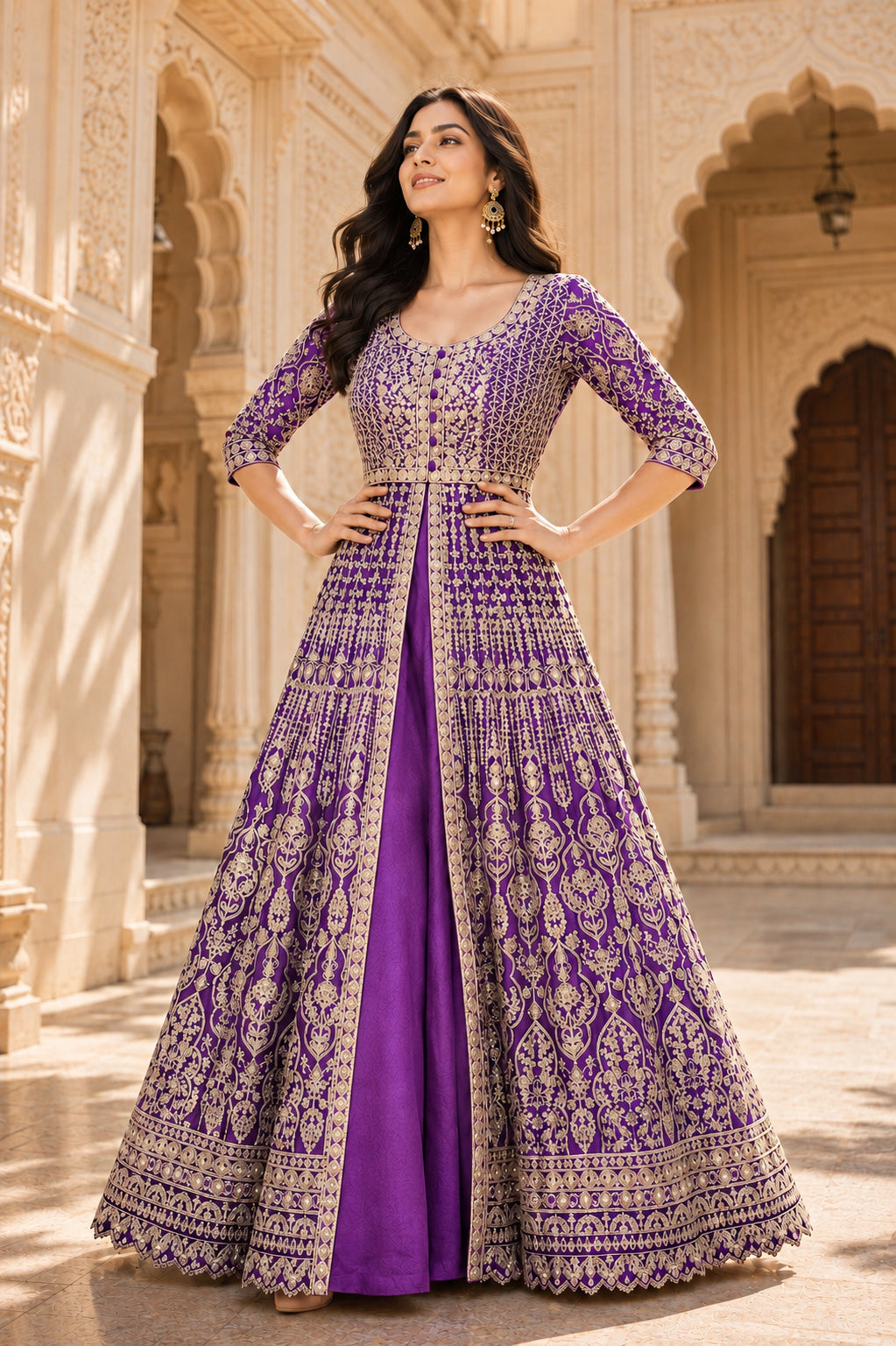 Violet Gold Embroidered Anarkali Set with Dupatta