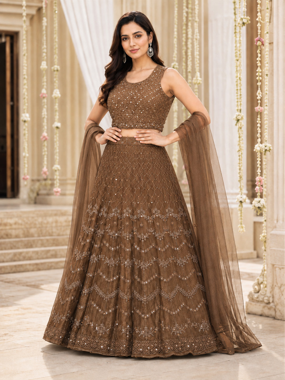 Brown Embroidered Net Lehenga Choli Set with Dupatta