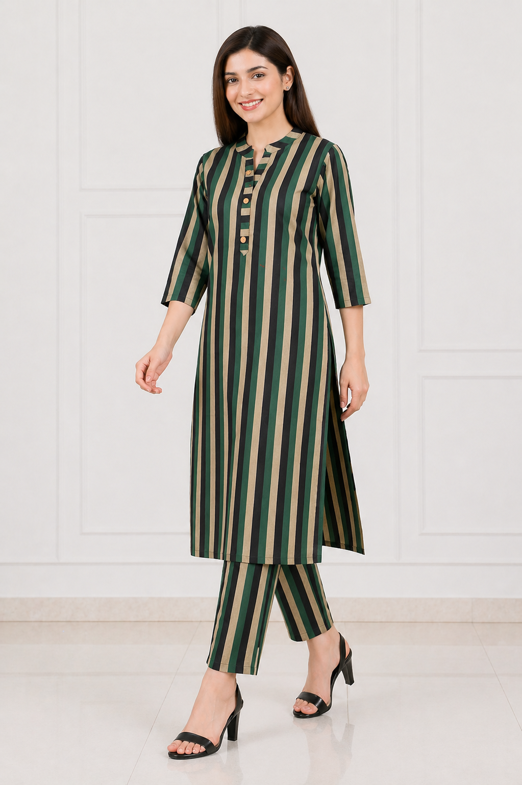 Women's Green & Beige Striped Kurta Pant Co-Ord Set