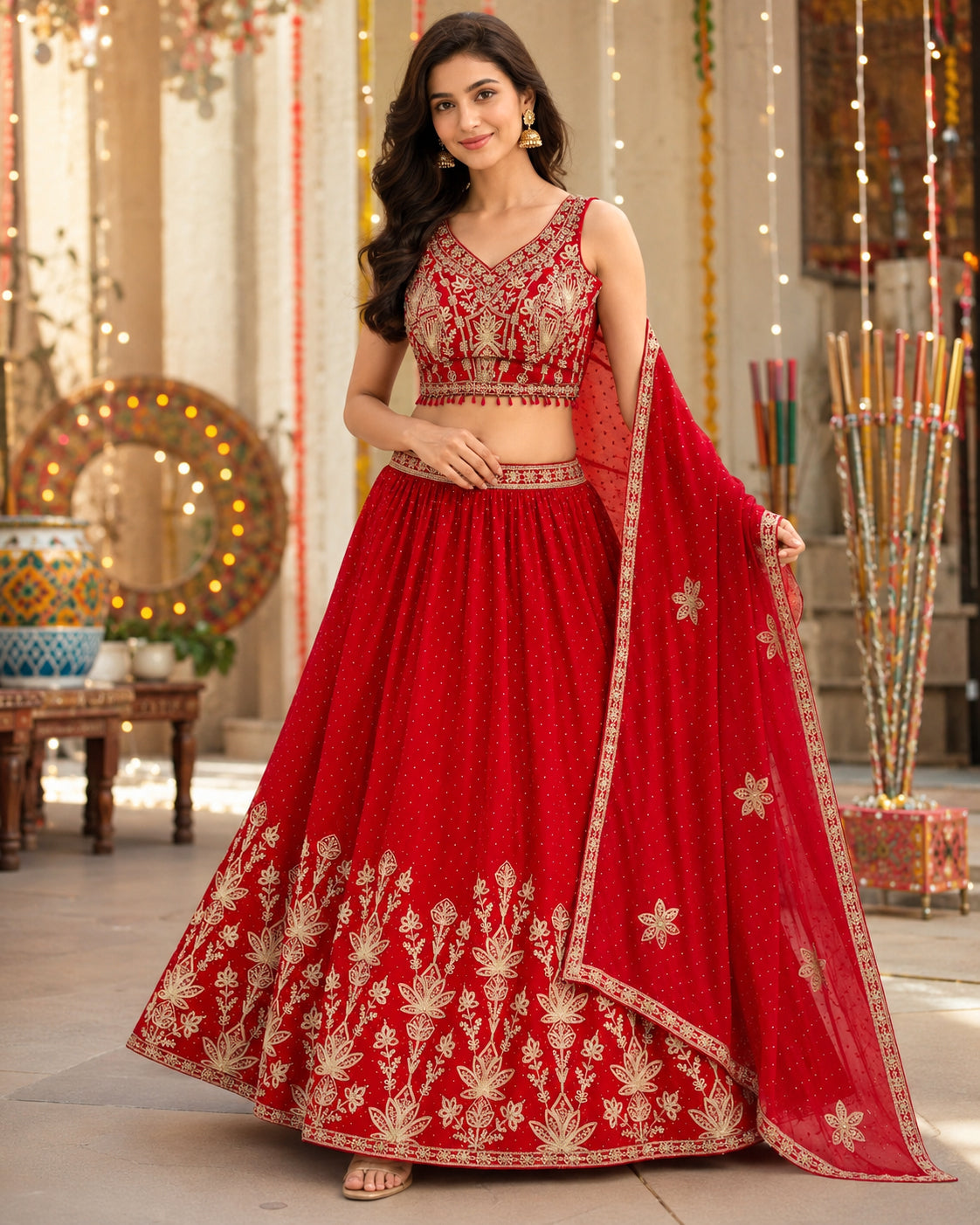 Red Gold Embroidered Lehenga Choli Set with Dupatta