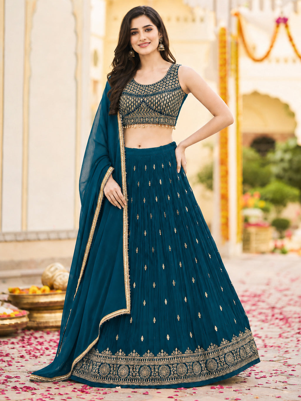 Teal Blue Embroidered Festive Lehenga Choli Set with Dupatta