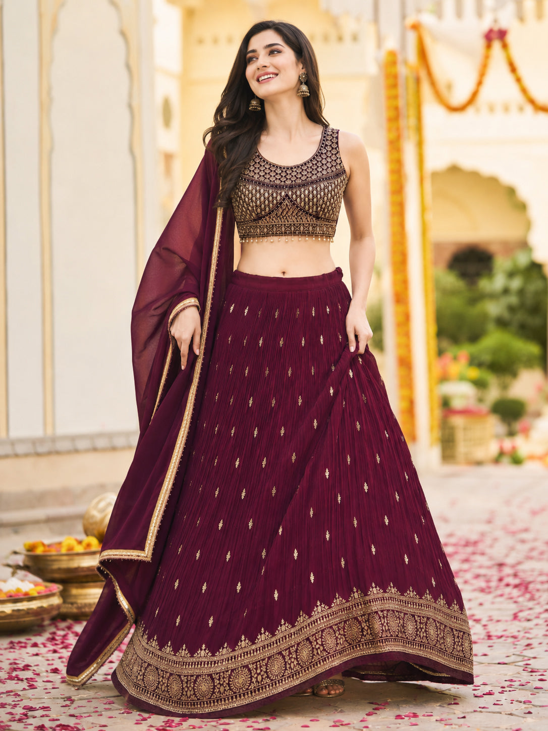 Burgandy Embroidered Festive Lehenga Choli Set with Dupatta