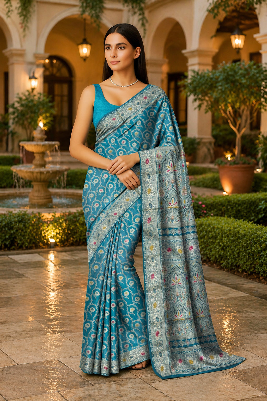 Teal Blue Minakari Banarasi Silk Saree
