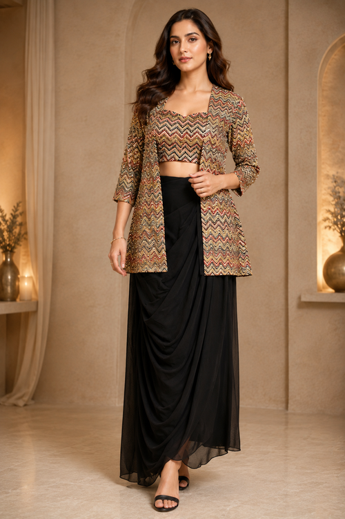 Black Draped Skirt Set with Chevron Crop Top & Jacket