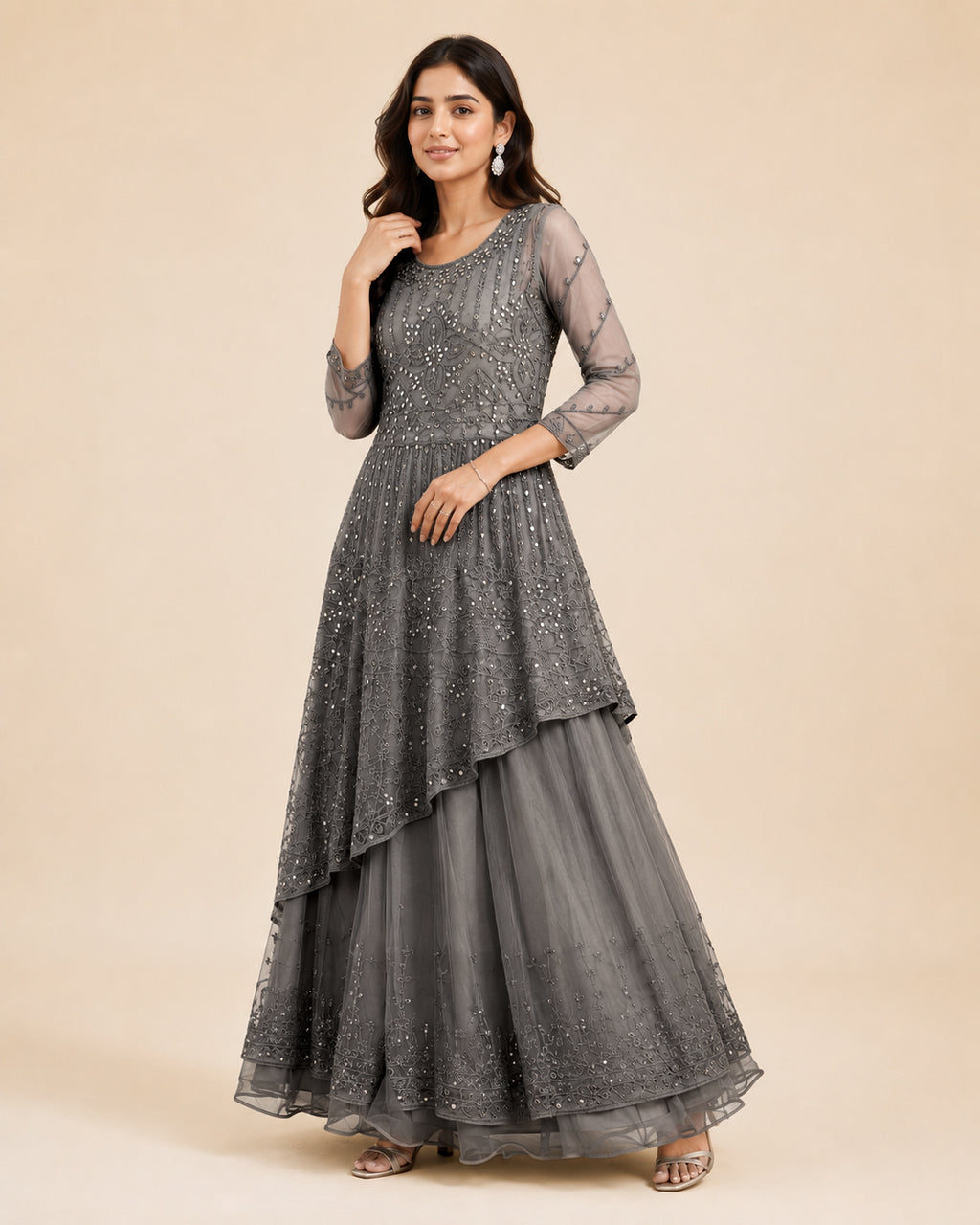 Embroidered Asymmetric Kurta & Flared Skirt