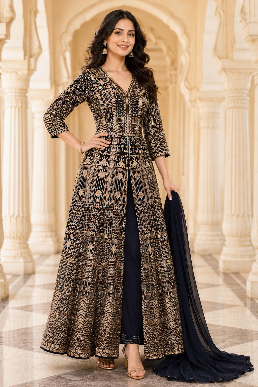 Navy & Antique Gold Embroidered Jacket Kurta Set with Dupatta