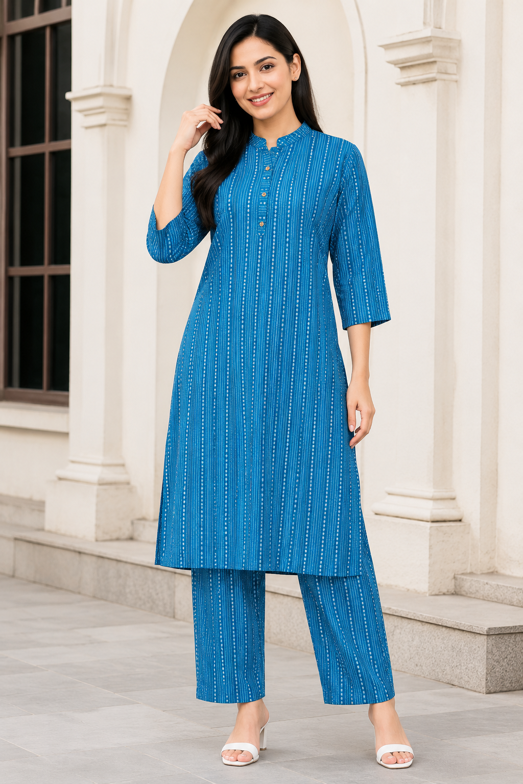 Women's Beige Striped Kurta Pant Set -Blue