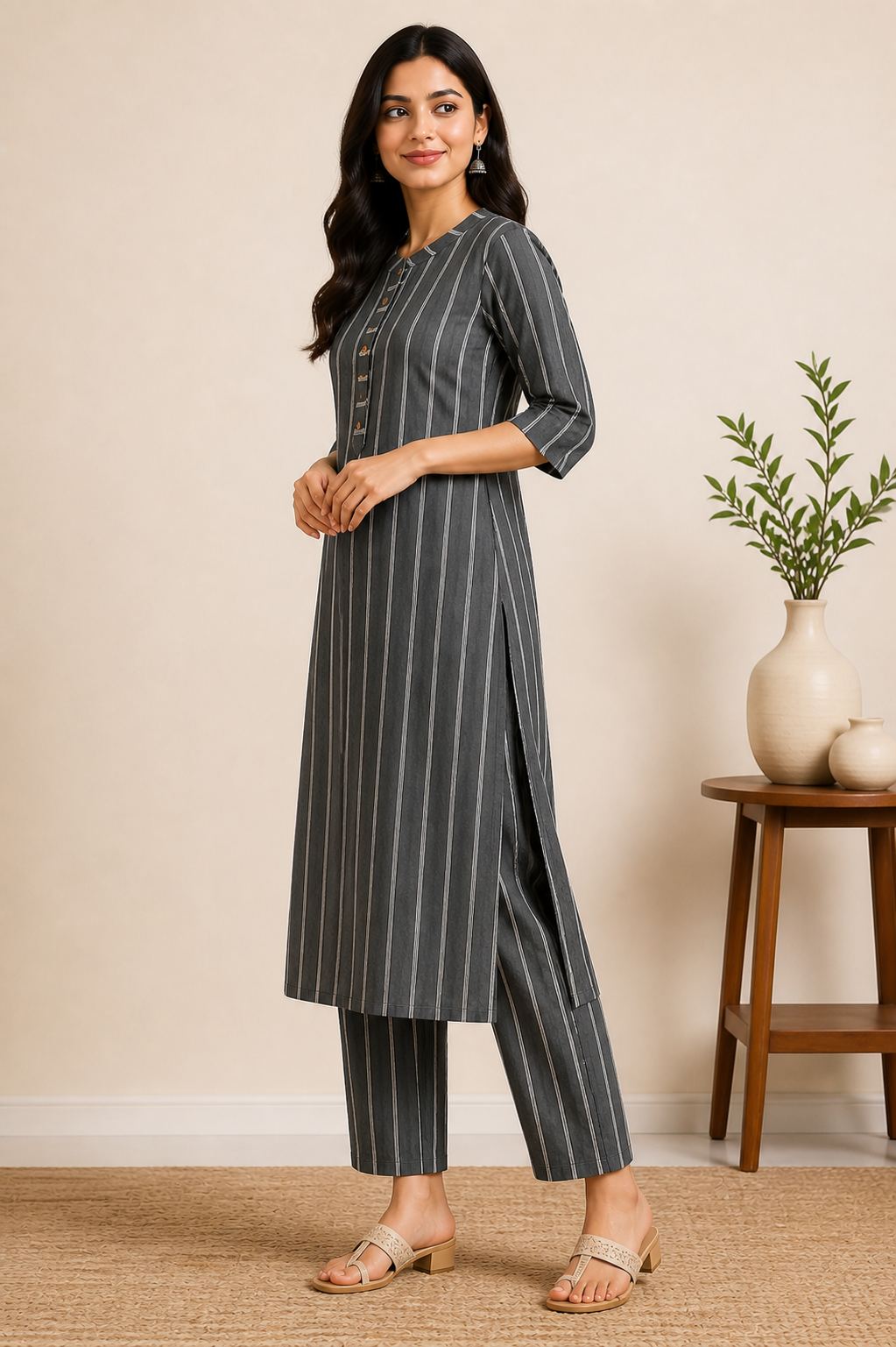Women's Charcoal Grey Striped Kurta Pant Set