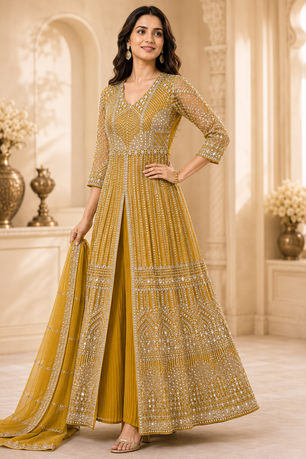 Yellow Mirror-Embroidered Anarkali Set with Dupatta