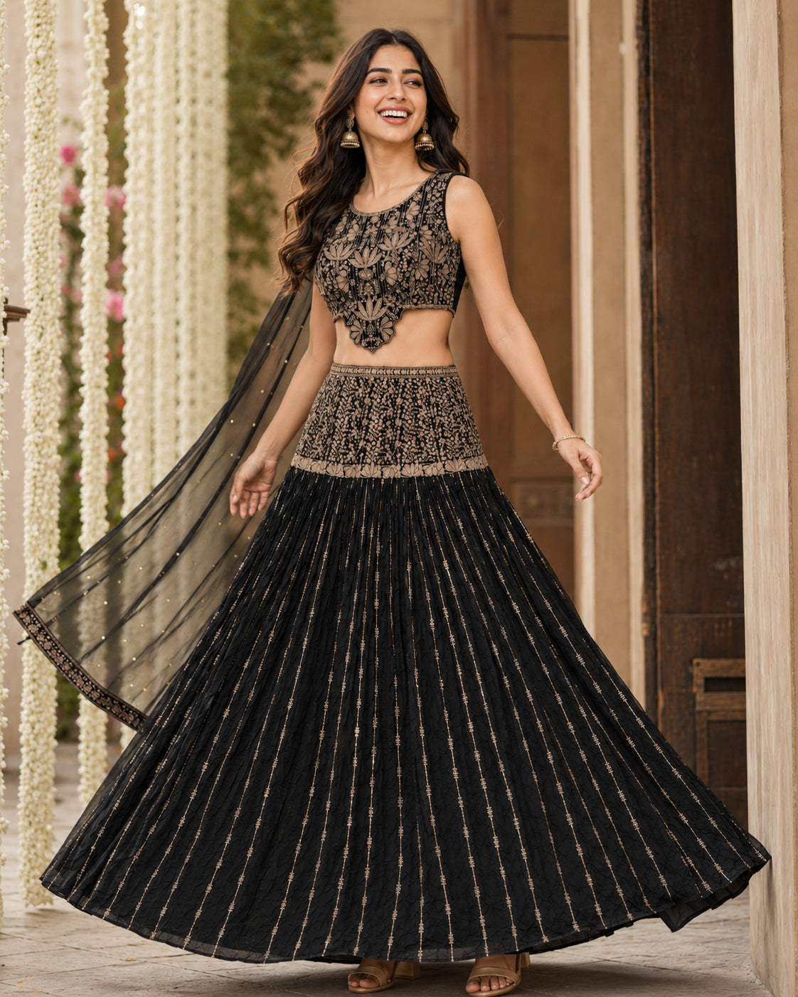 Black & Antique Gold Embellished Lehenga Choli with Dupatta -Large