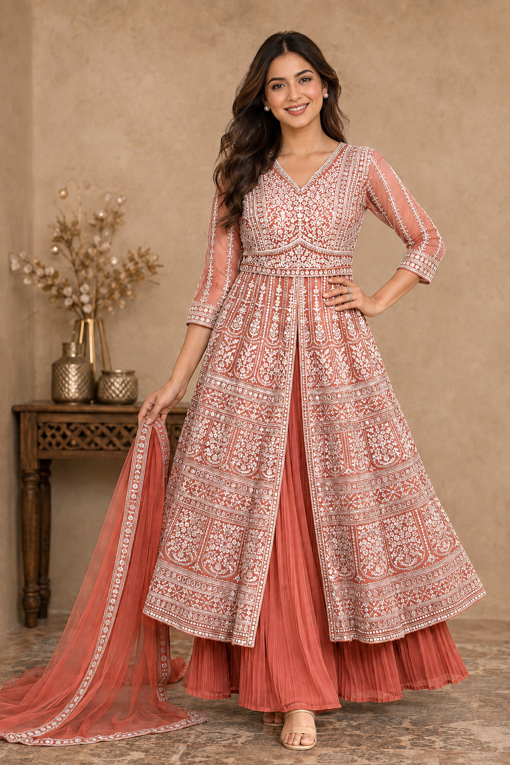 Terracotta Orange Embroidered Anarkali Kurta Set with Pleated Skirt & Organza Dupatta