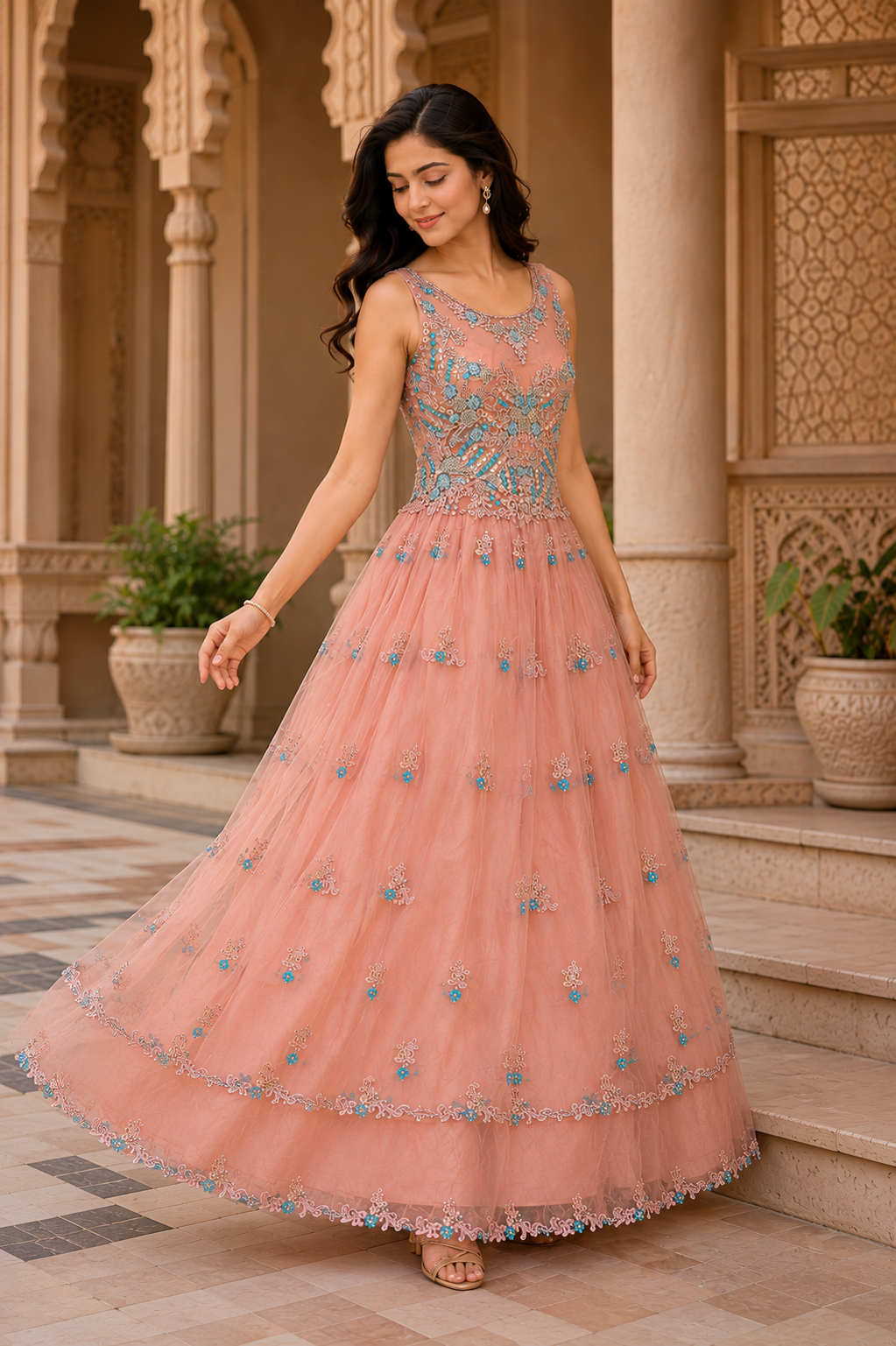 Blush Peach Embellished Net Gown