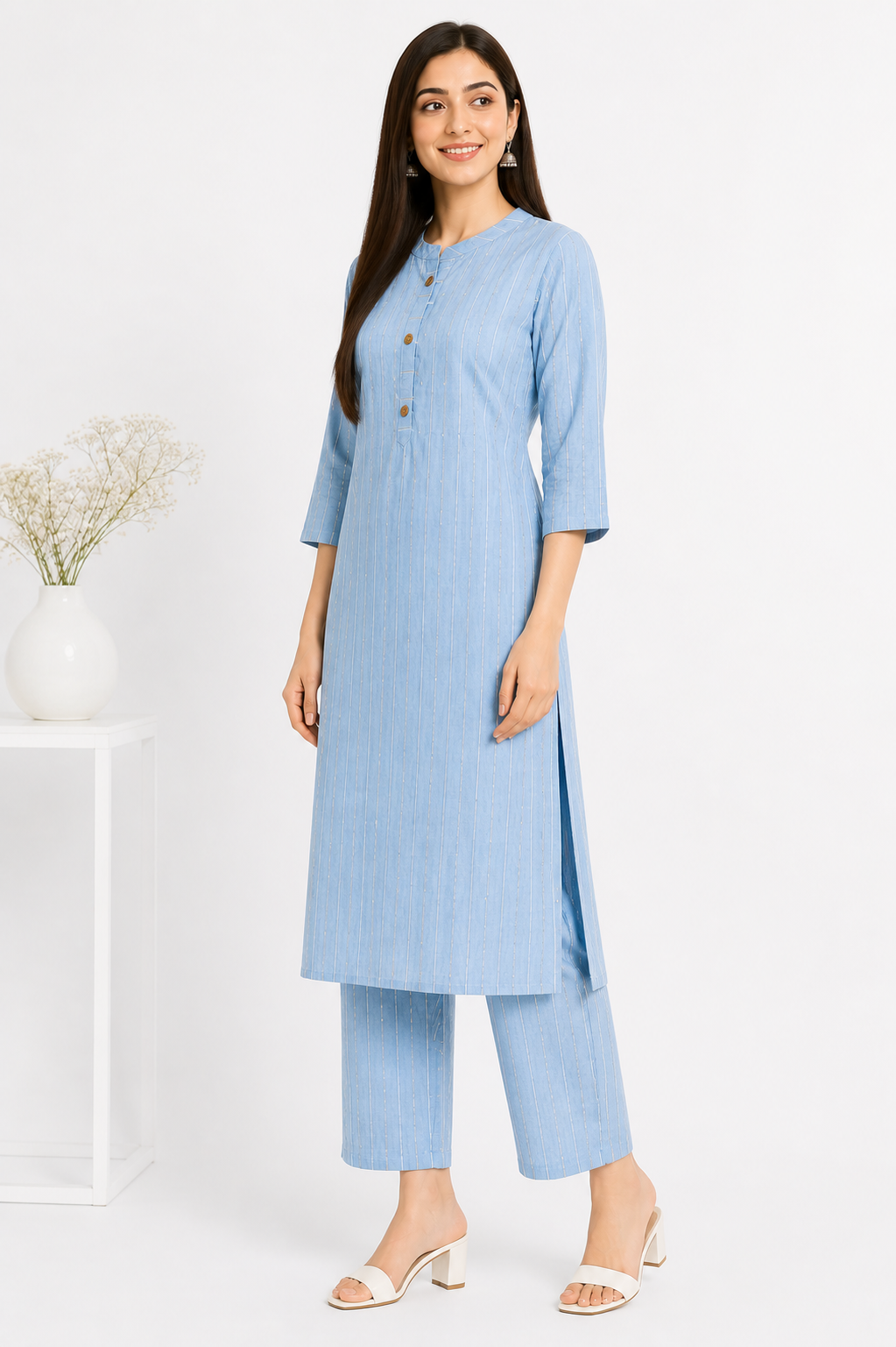 Women's Sky Blue Striped Kurta Pant Set