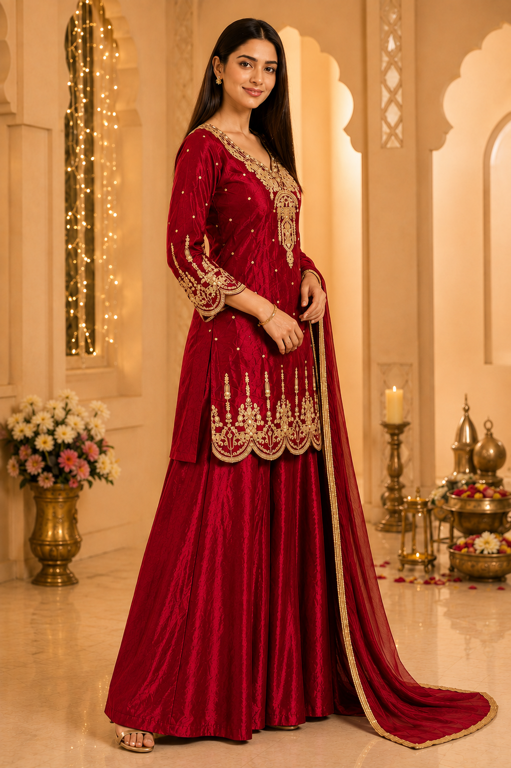 Ruby Red Gold Embroidered Kurta Sharara Set with Dupatta - M