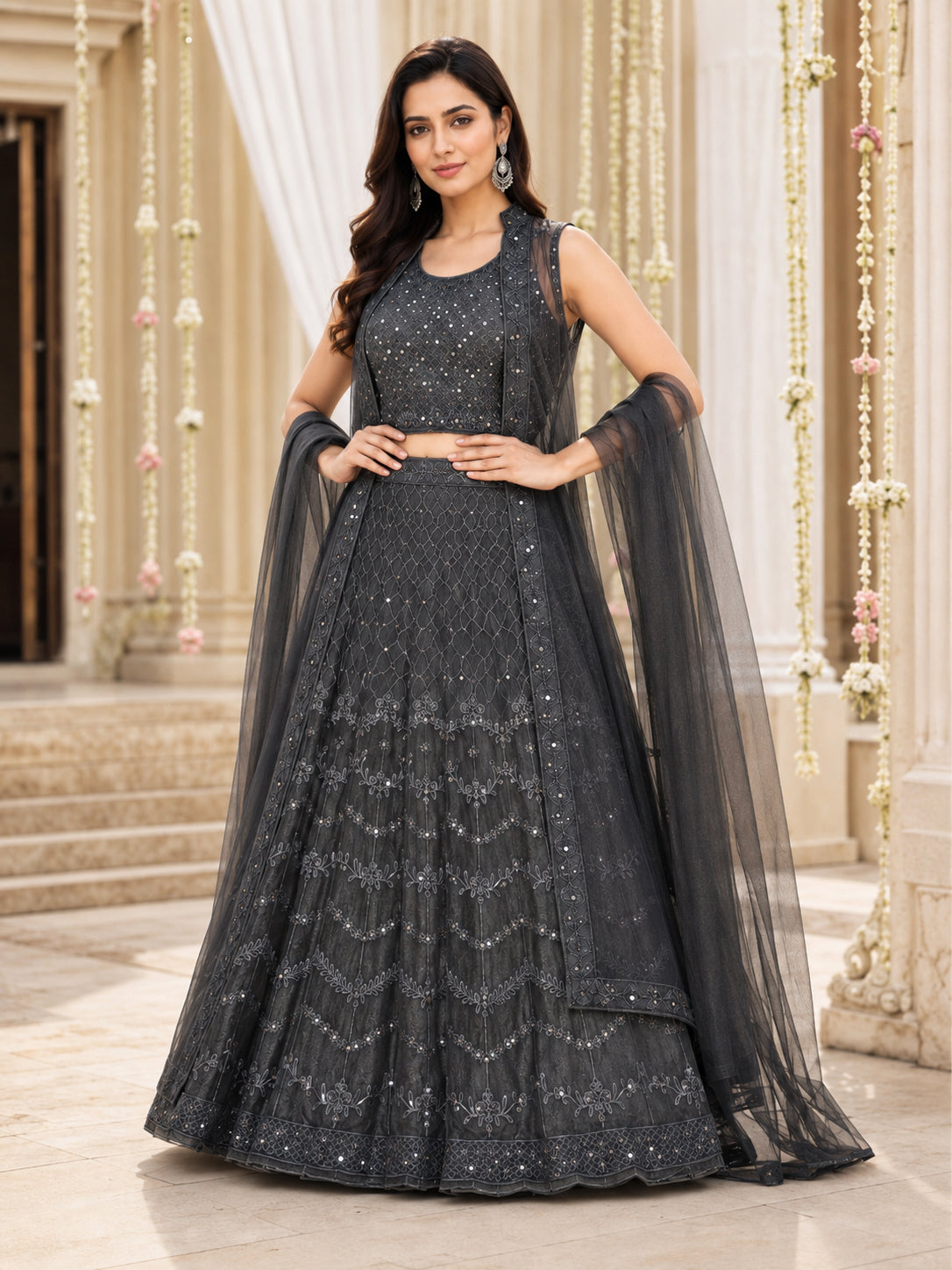 Charcoal Grey Embroidered Net Lehenga Choli Set with Dupatta