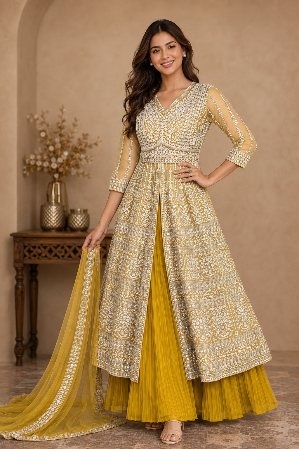 Yellow Embroidered Anarkali Kurta Set with Pleated Skirt & Organza Dupatta