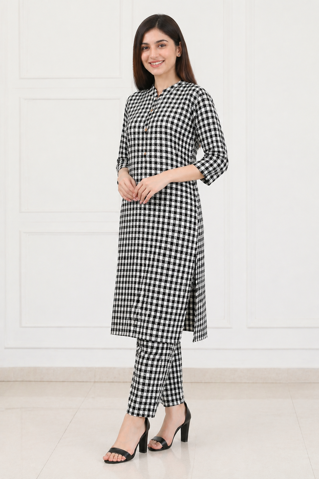 Women's Black & White Checked Kurta Pant Co-Ord Set