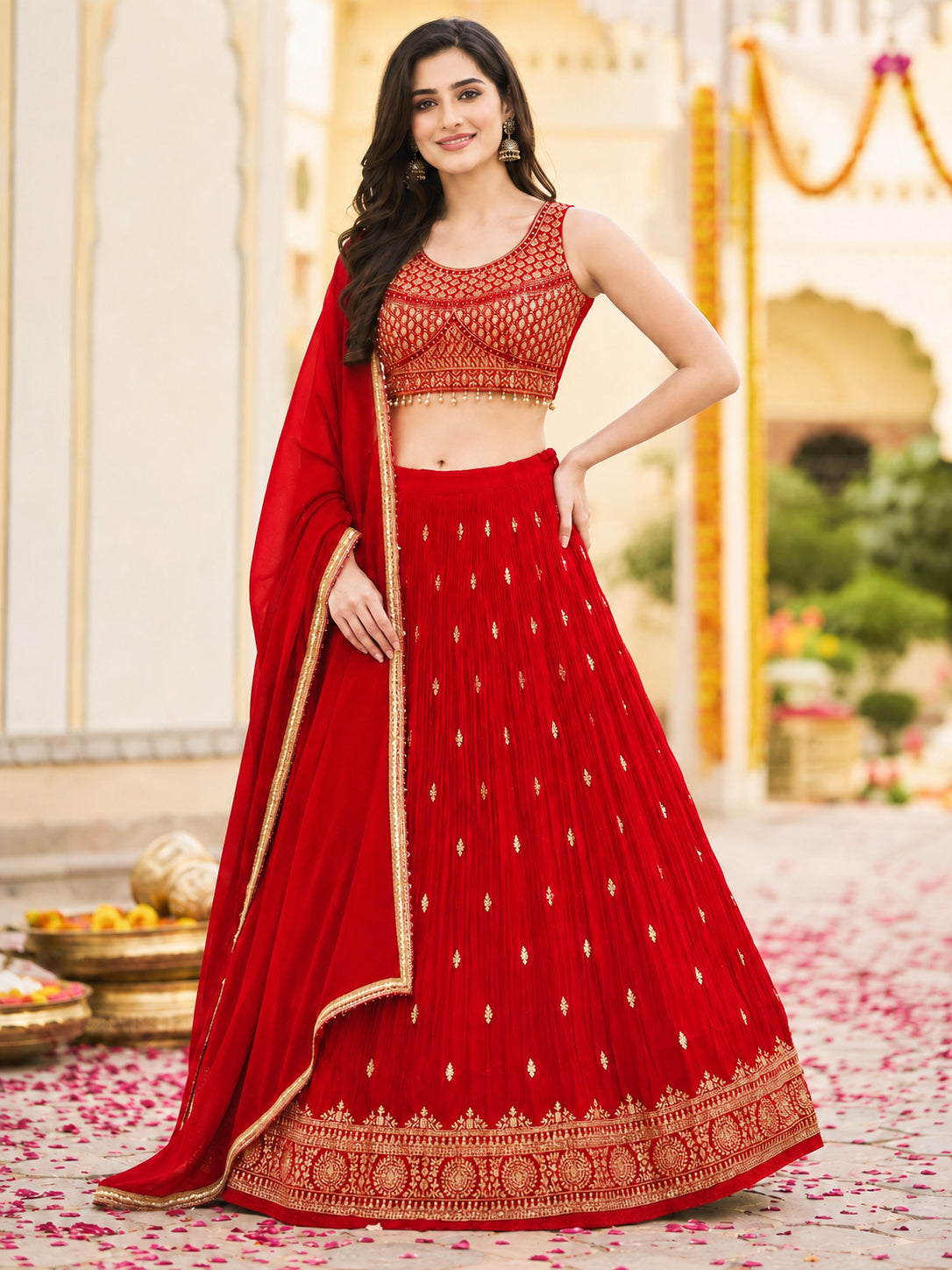 Red & Gold Embroidered Festive Lehenga Choli Set with Dupatta