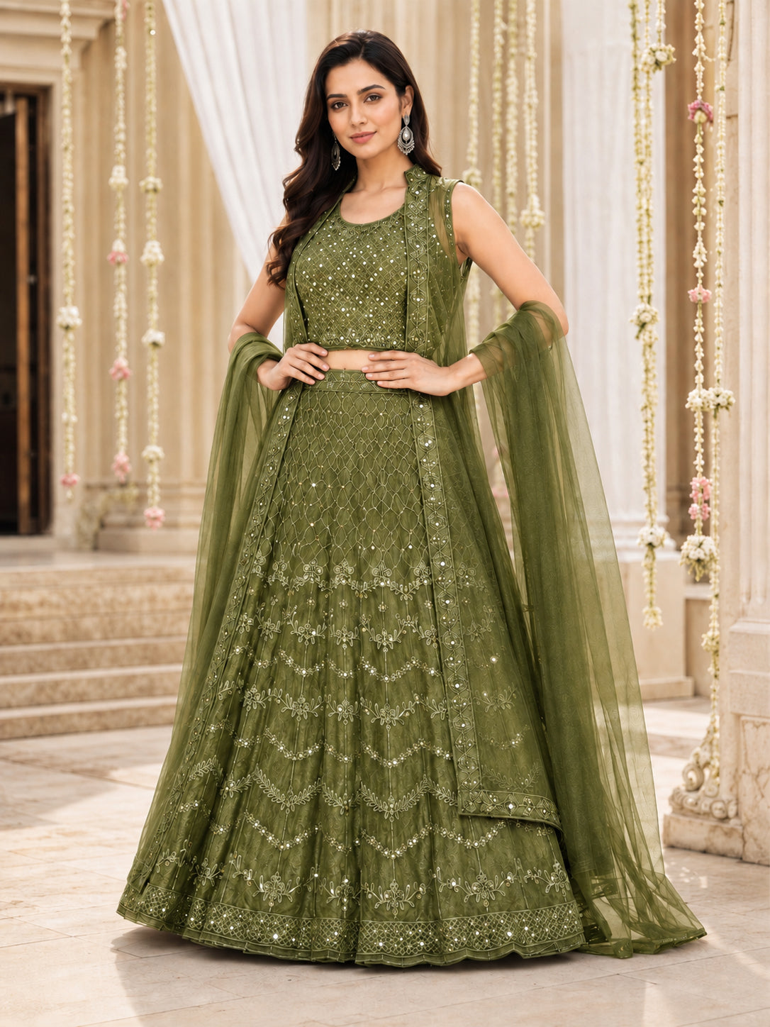Green Embroidered Net Lehenga Choli Set with Dupatta