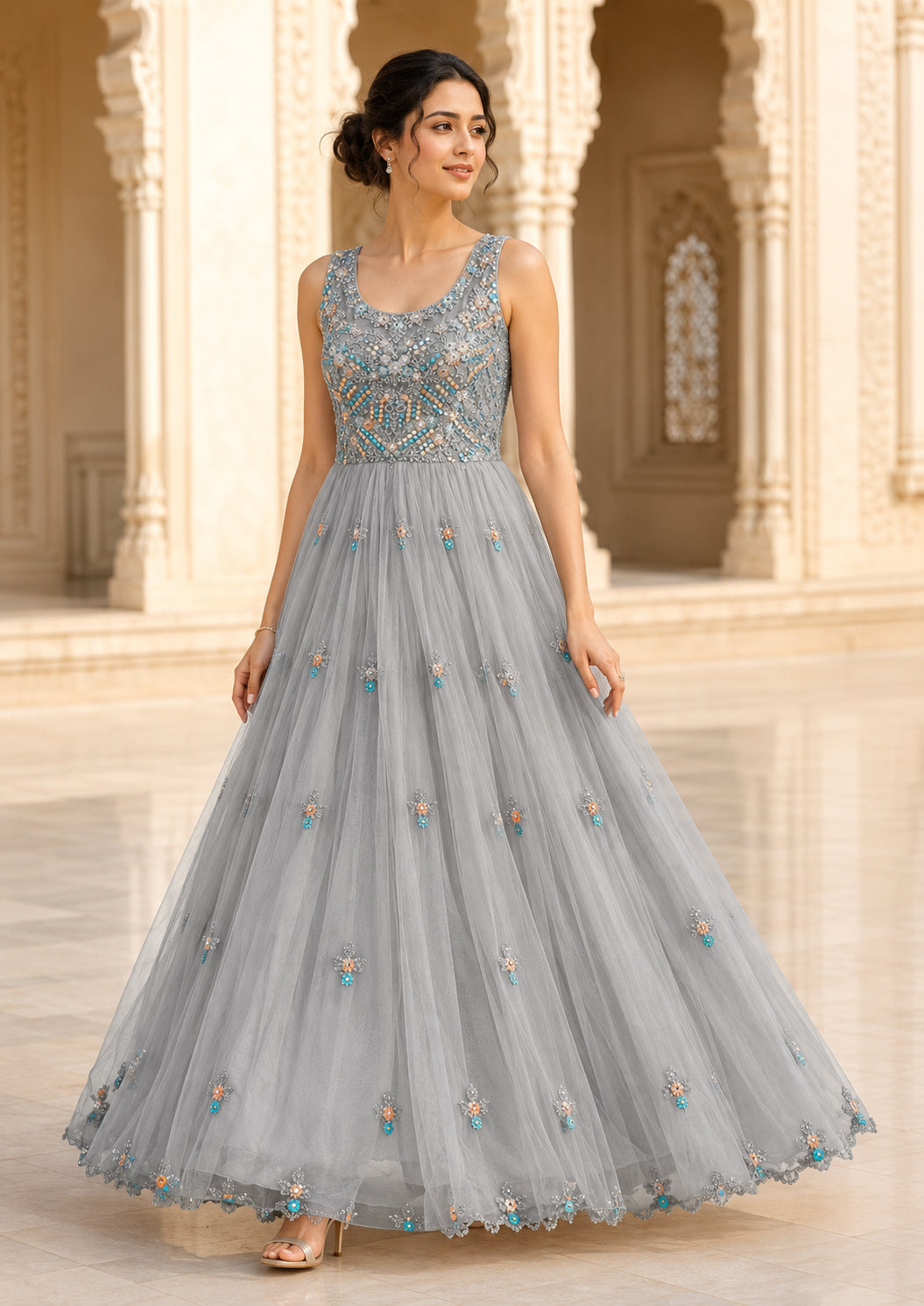 Silver Grey Embellished Net Gown