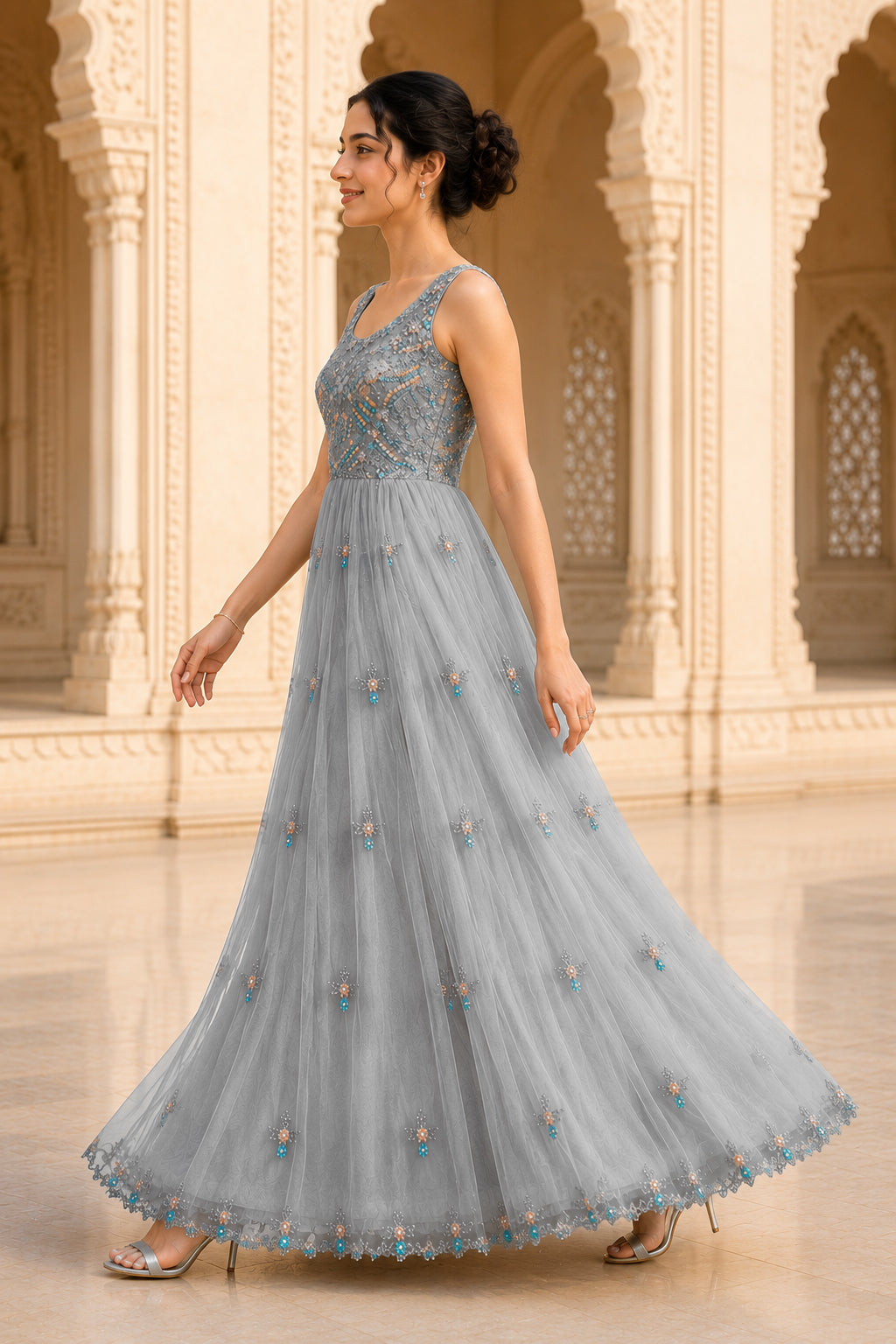 Silver Grey Embellished Net Gown