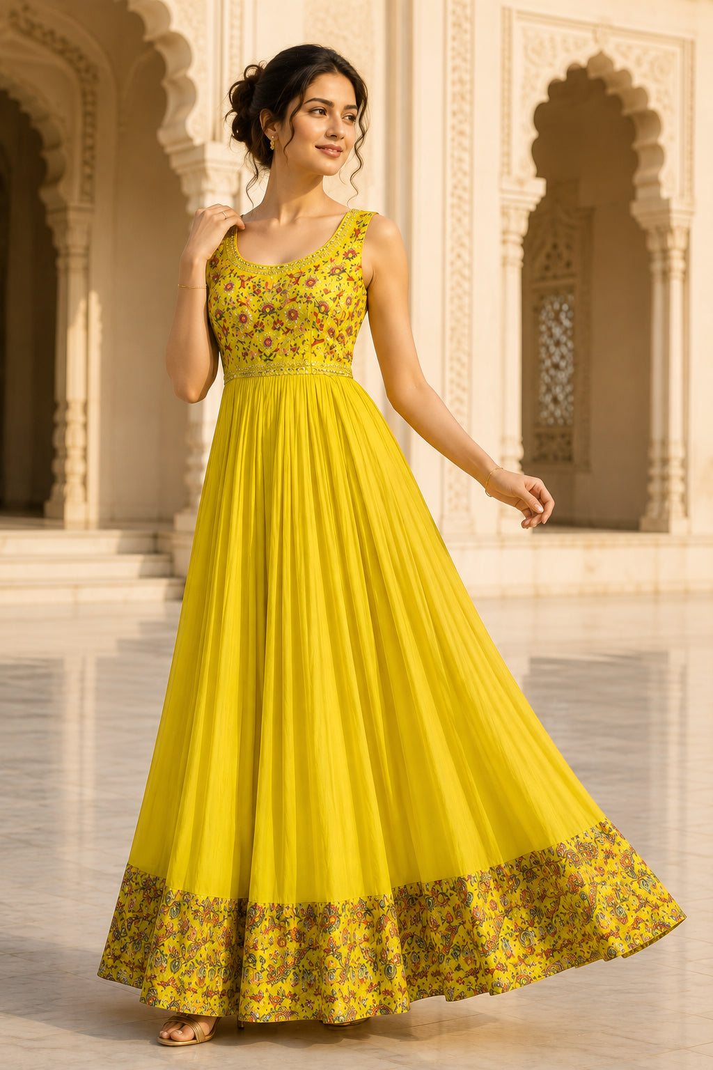 Lime Yellow Embroidered Anarkali Gown