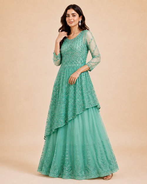 Embroidered Asymmetric Kurta & Flared Skirt
